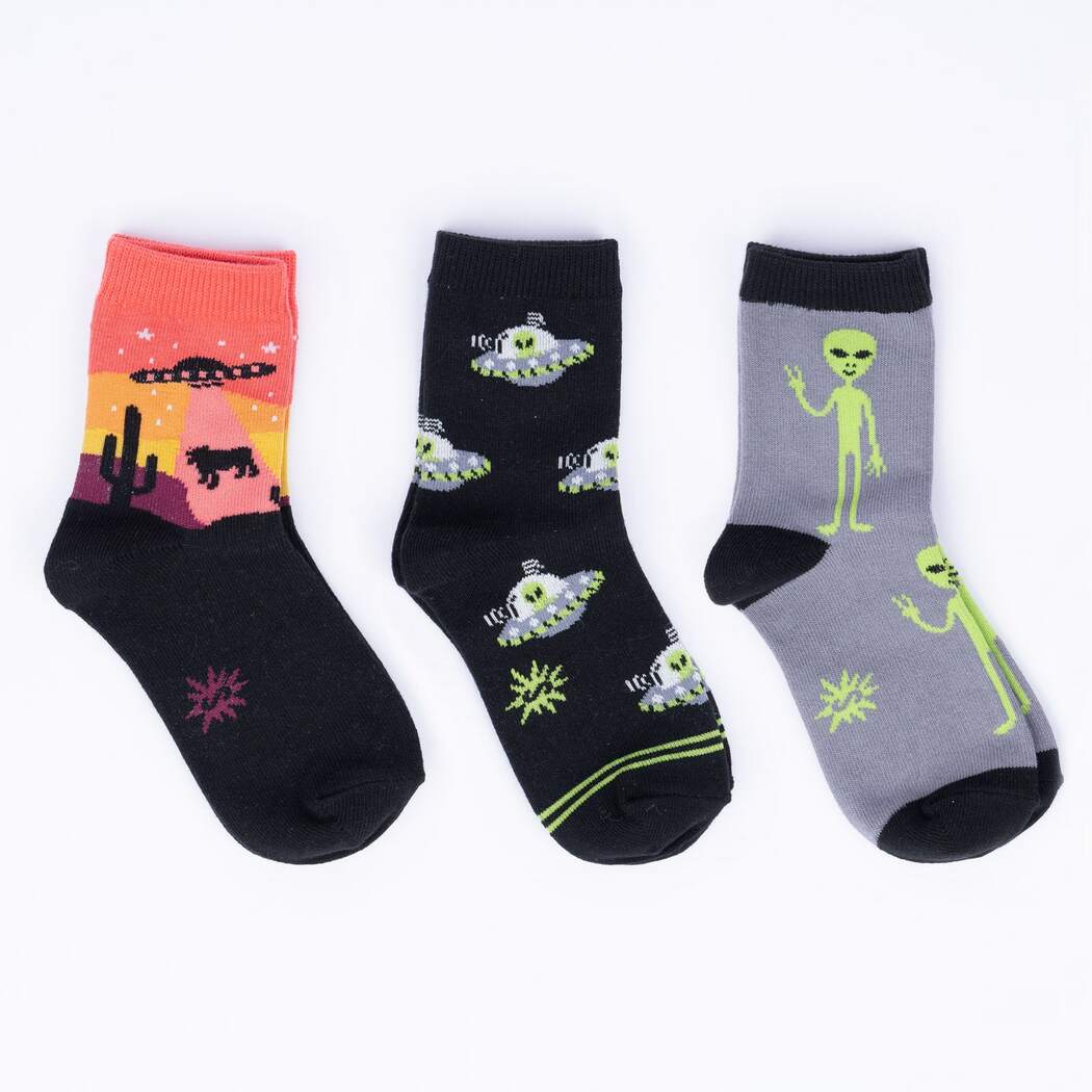 Area 51 Alien Crew Socks 3-Pack for Kids - Fun Novelty Socks for School, Cosplay & Everyday Wear