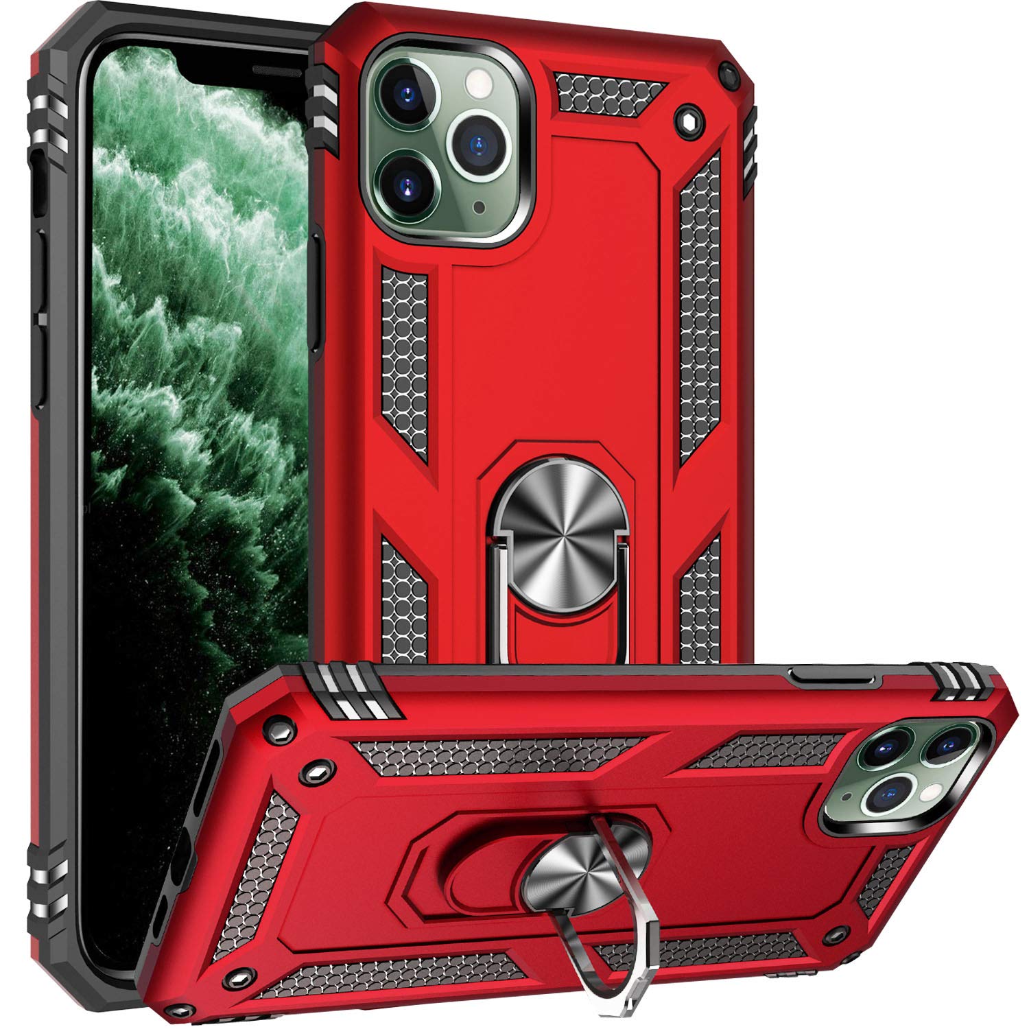 Fetrim Shockproof iPhone 11 Pro Max Case with Rotating Ring Kickstand - Heavy Duty Dual Layer Protective Cover for Apple iPhone 11 Pro Max (Red) - Perfect for Outdoor Activities, Travel & Daily Protection