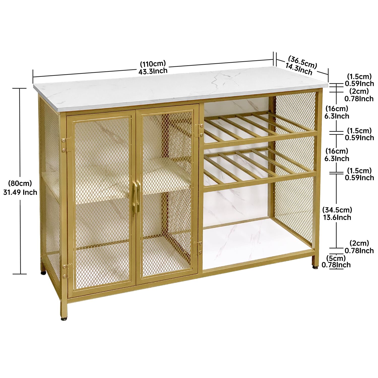 AT-VALY Bar Cabinet with Wine Rack & Glass Holder - Small Buffet Sideboard with Mesh Doors, Gold Finish - Perfect for Home Bar, Dining Room & Kitchen Storage