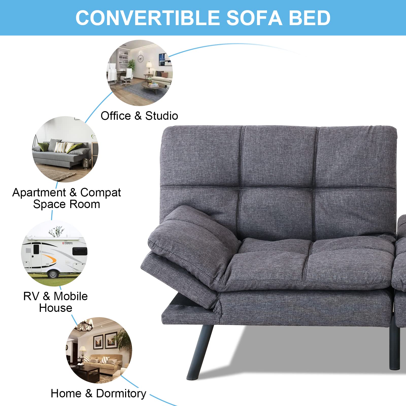 Opoiar Memory Foam Futon Bed - Modern Adjustable Armrest & Backrest Folding Love Seat Sofa for Small Spaces - Convertible Sofa Daybed with Linen Cover - Twin Size Sofa-01 - Perfect for Studio Apartments, Dorms & Guest Rooms