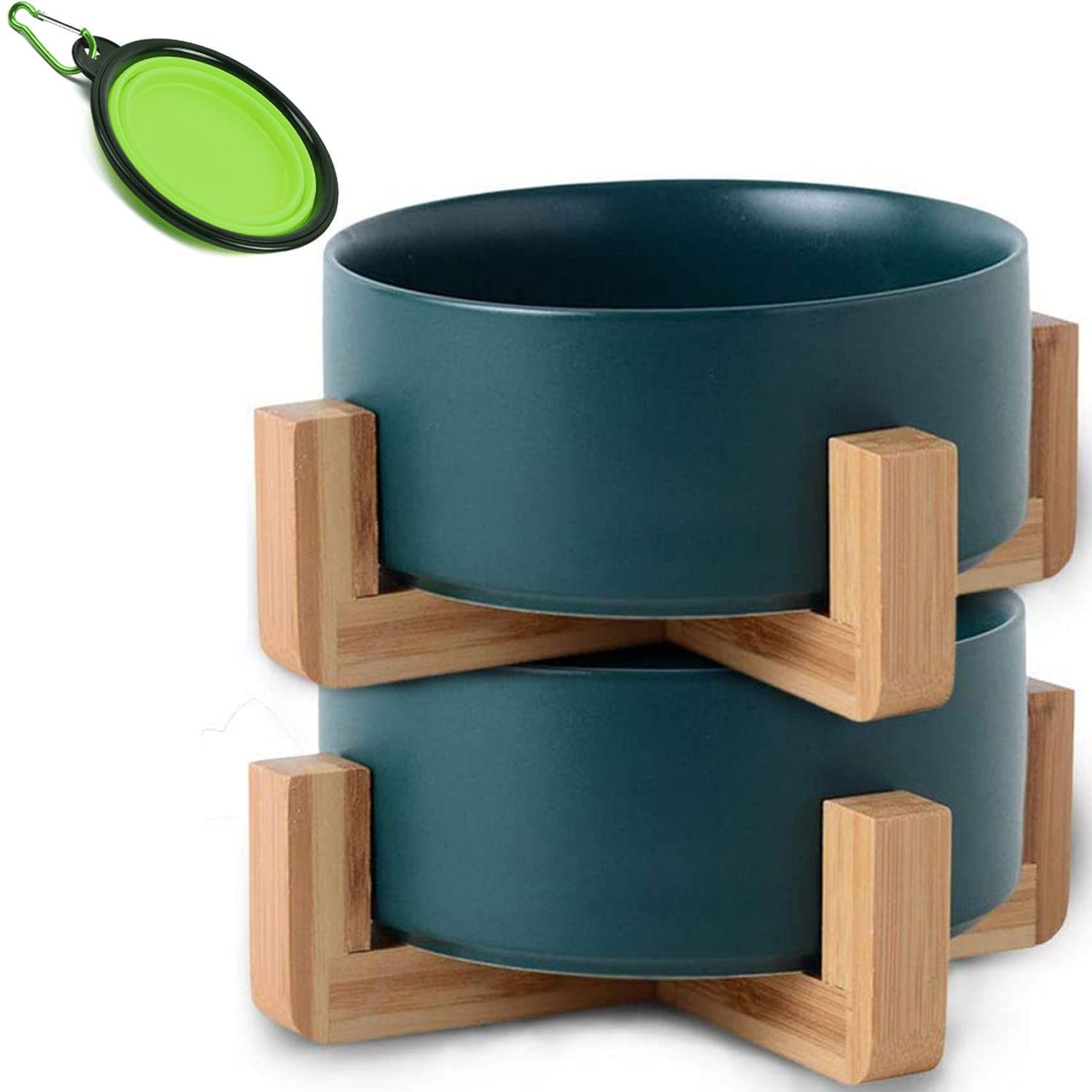 **Petygooing Green Ceramic Elevated Dog Bowl Set with Stand - 13.5oz Small Pet Food & Water Dishes for Cats & Dogs - Non-Slip Dual Bowl Feeder for Puppies & Kittens - Perfect for Home, Travel & Vet Visits**