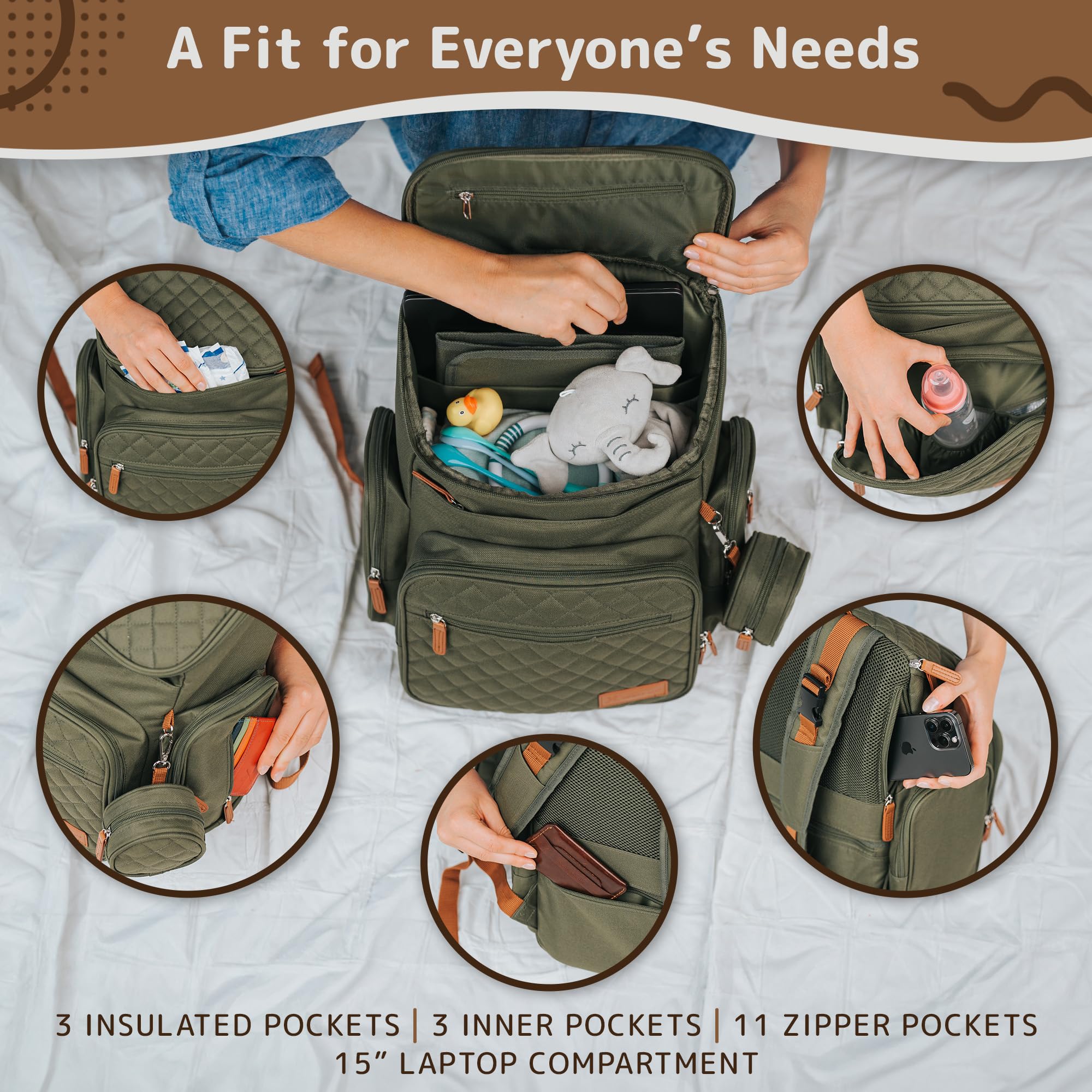 **Large Unisex Diaper Backpack with 15 Pockets – Stylish & Washable Army Green Baby Gear for Newborn Essentials, Travel & Daily Use**