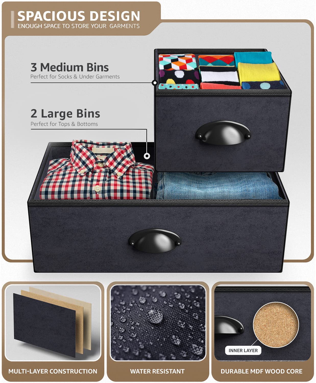 Sorbus 5-Drawer Dresser Organizer - Sturdy Steel Frame & Wood Top Storage Chest with Easy-Pull Fabric Bins - Wide TV Stand for Bedroom, Hallway, Closet & Office Organization | Perfect for Small Space Storage & Home Decor