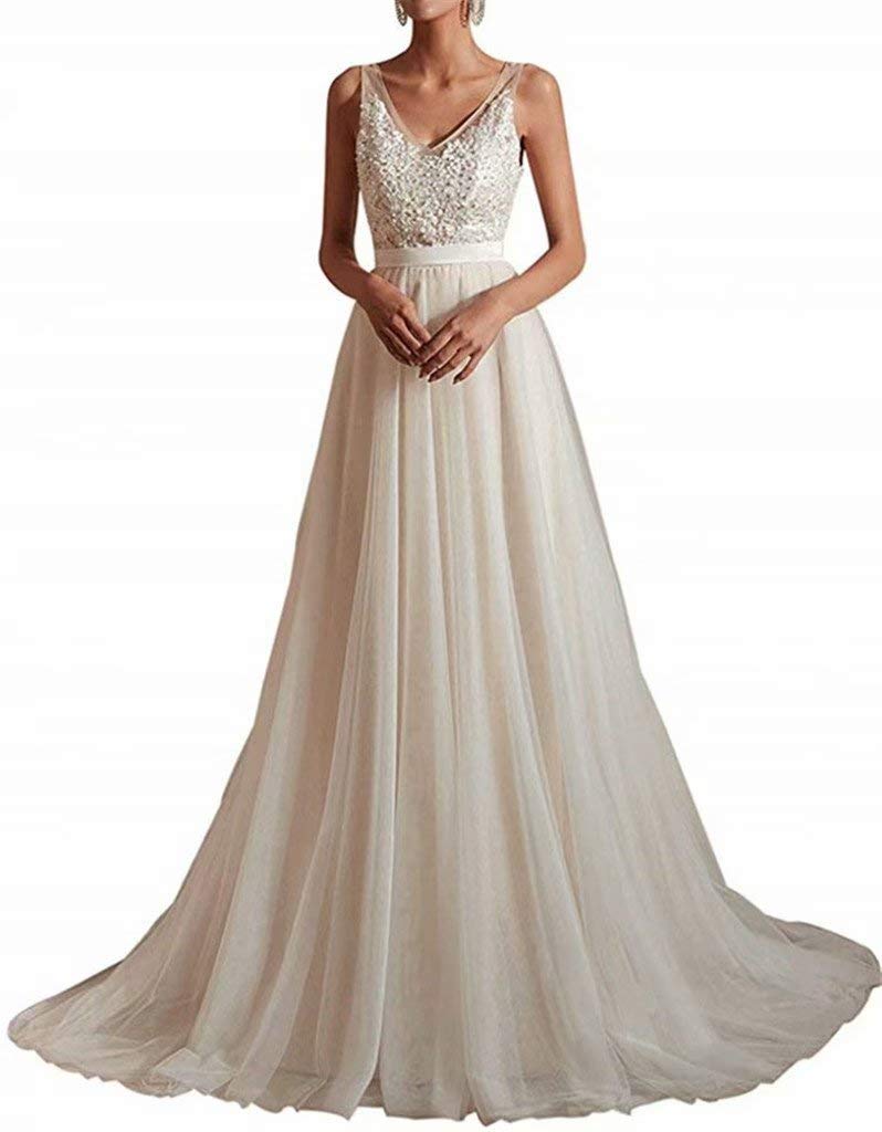 Elegant V-Neck Chiffon A-Line Wedding Dress with Applique Tulle Details - Perfect for Beach Brides & Destination Weddings | Formal Gowns for Ceremony, Reception & Photoshoots