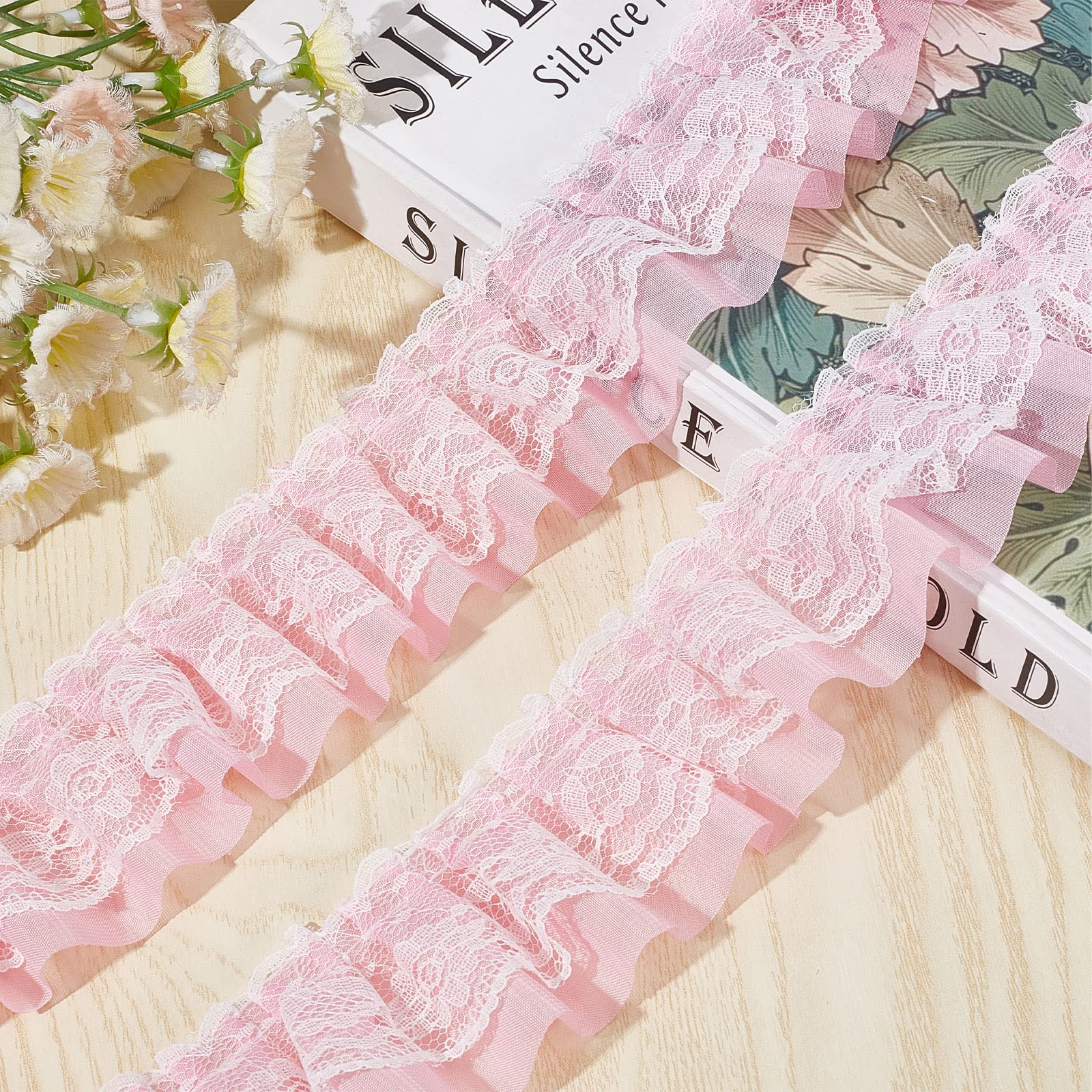 GORGECRAFT 11 Yards Pink Double-Layer Pleated Chiffon Lace Trim - 5cm Wide Ruffled Fabric Ribbon for DIY Sewing, Pillowcase Embellishments, Wedding Decor & Craft Projects - Perfect for Home Decor, Costume Design and Gift Wrapping