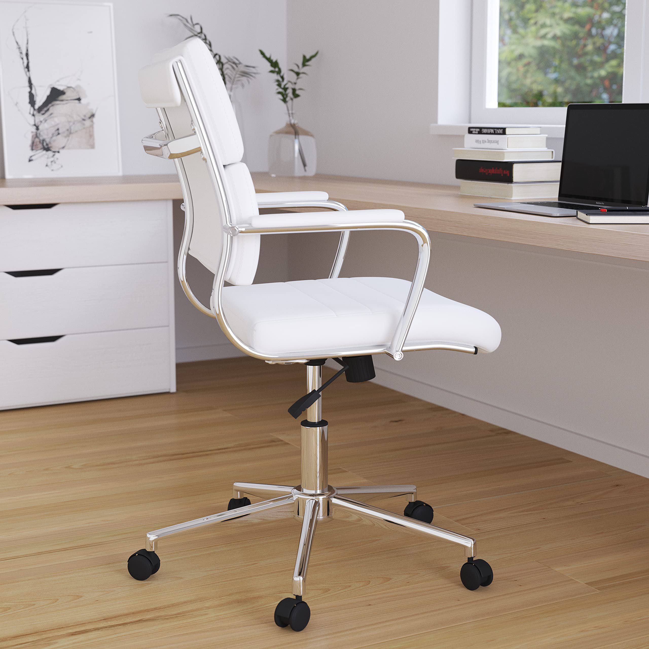 Merrick Lane McEntyre Mid-Back Ergonomic Office Chair - Faux Leather Executive Swivel Desk Chair with Adjustable Height & Padded Arms - Modern Panel Back Design - Perfect for Home Office, Computer Work & Conference Rooms
