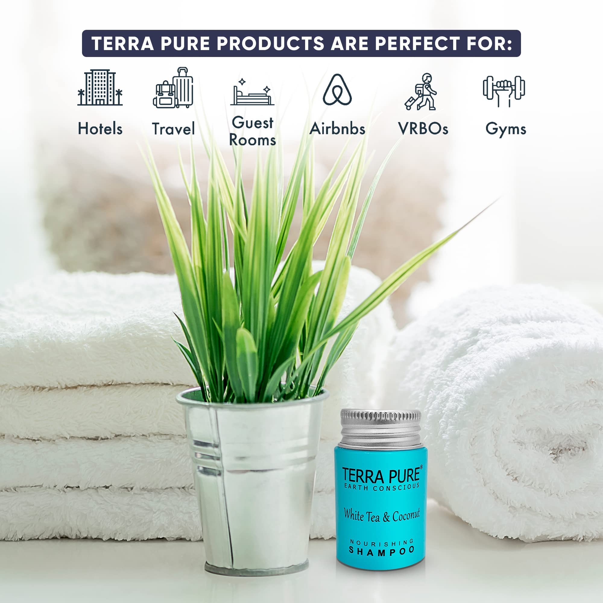 Terra Pure White Tea & Coconut Shampoo, Conditioner & Body Wash Travel Size Set - 1 oz Each (Pack of 100) | Hotel Amenities, Travel Toiletries, Gym Essentials & Vacation Must-Haves