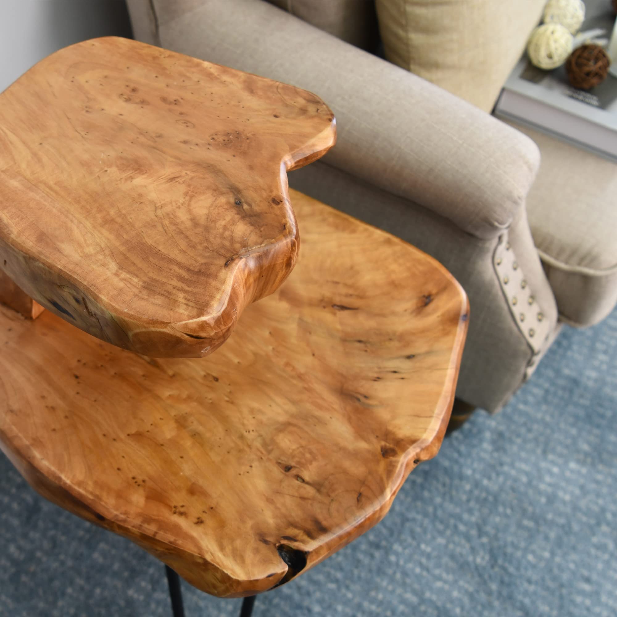 Double-Deck Cedar Solid Wood Coffee Table 16x16x26 Inches - Natural Vintage Rustic Accent Table for Living Room, Patio & Bedroom | Outdoor Side Table, Plant Stand & Sofa End Table with Live Edge Design