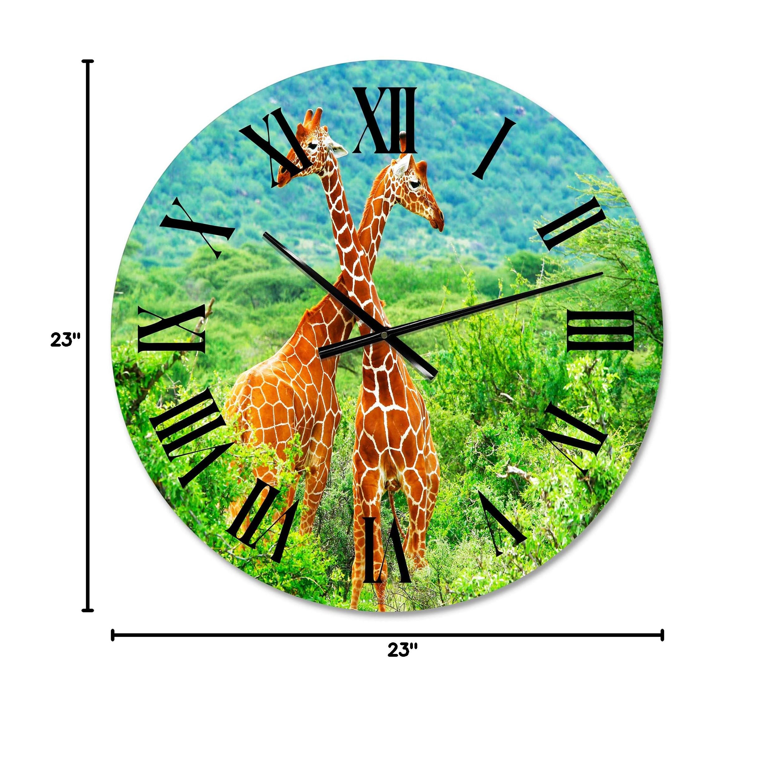 DesignQ Farmhouse Wall Clock - 'Fight of Two Giraffes on Green' Large Animal Wall Clock for Kitchen, Living Room, Bedroom & Office Decor | Rustic Home Décor & Unique Gift Idea