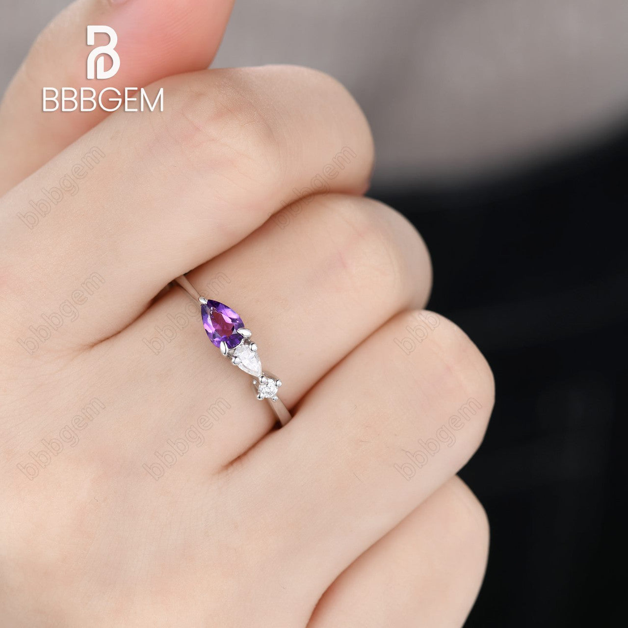14K 925 Sterling Silver Purple Amethyst Moissanite Wedding Band - Pear Shaped Engagement Ring for Women, Perfect for Everyday Wear & Special Occasions