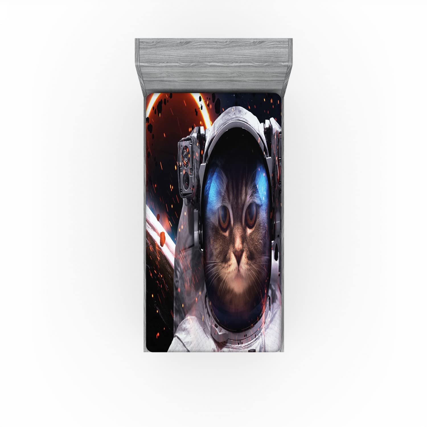 Ambesonne Space Cat Fitted Sheet - Astronaut & Comet Galaxy Outer Space Print Twin Size Bed Sheet with Deep Pocket Elastic - Dark Blue & White - Perfect for Kids Rooms, Dorm Decor & Space Themed Bedrooms