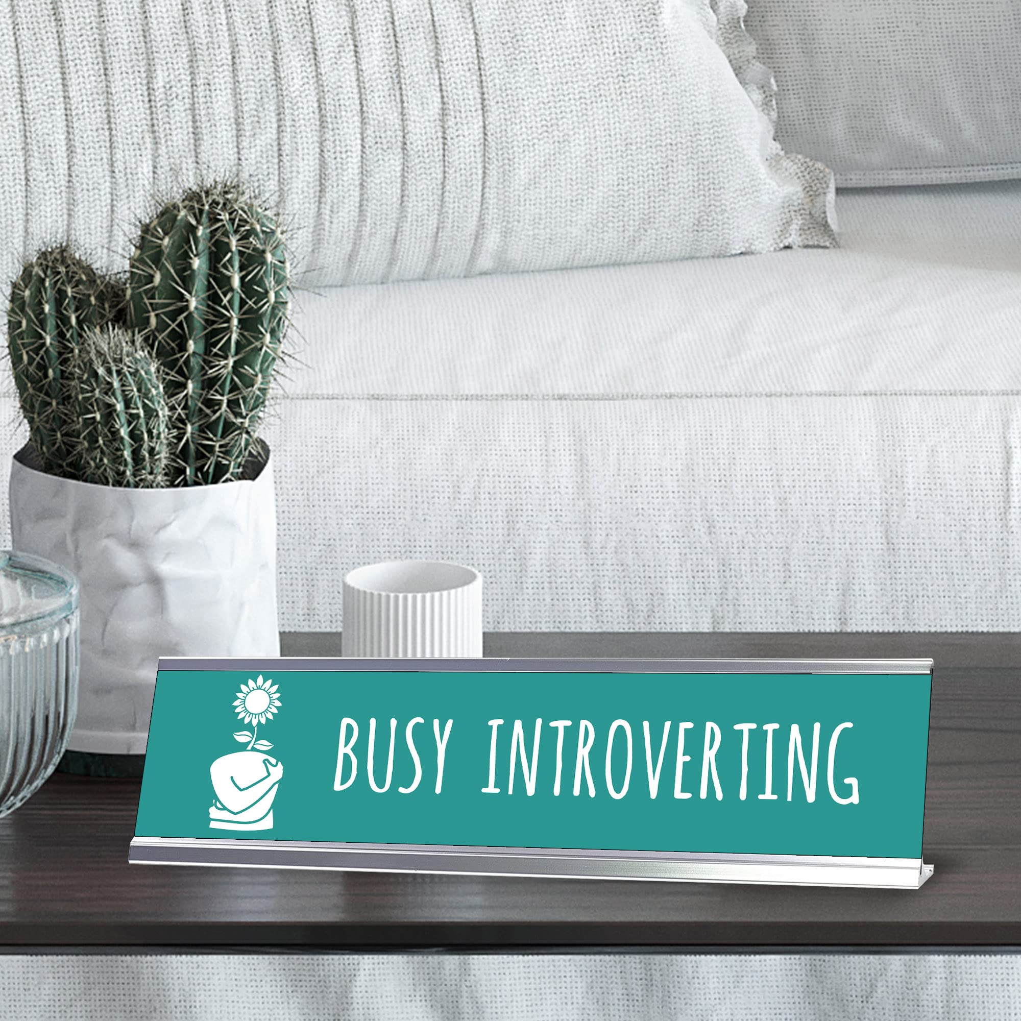 Busy Introverting Desk Sign - Green & Silver Frame (2x8”) - Perfect for Office, Home Workspace, or Gift for Introverts