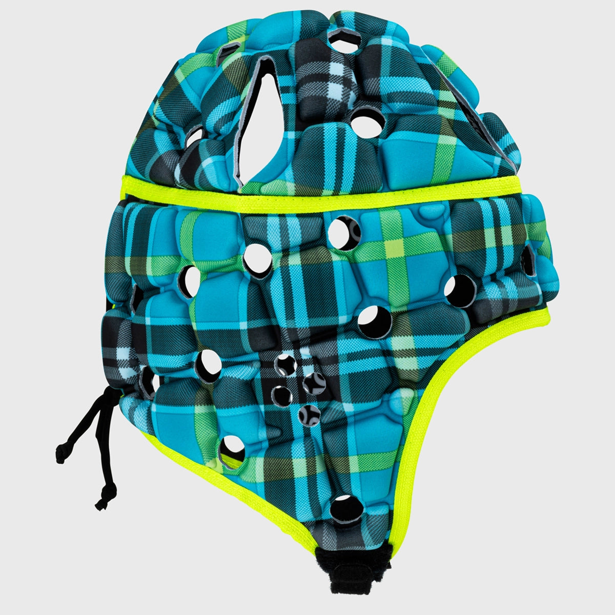 Ventilated Rugby Headguard - Body Armour Protection in Cyan Tartan Design for Enhanced Safety & Comfort | Perfect for Rugby, Football & Contact Sports