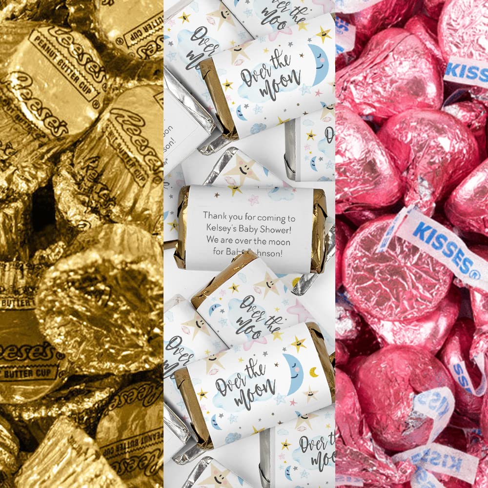 200pcs Personalized Girl Baby Shower Candy Kit - Custom Party Favors for Guests, Candy Buffet Supplies (Miniatures, Pink Kisses, Peanut Butter Cups) - Perfect for Baby Showers, Gender Reveals & Birthday Celebrations