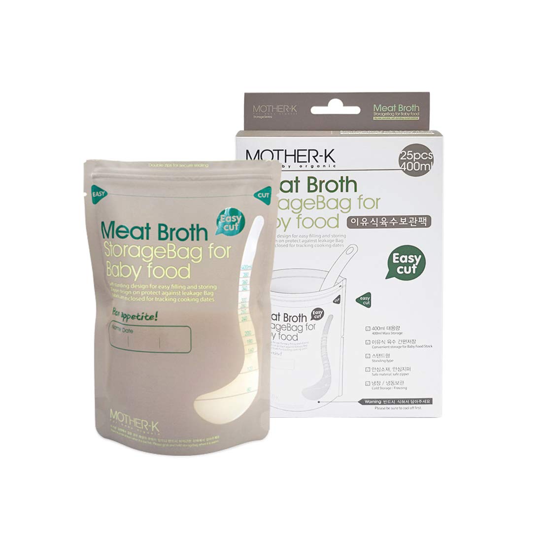 MOTHER-K Disposable Meat Broth Storage Bags - 13oz Double Zipper Seal Freezer Bags (25 Count) - Leakproof, Microwave & Boil Safe, Self-Standing Food Storage Bags for Soups, Stews, Meal Prep & Leftovers