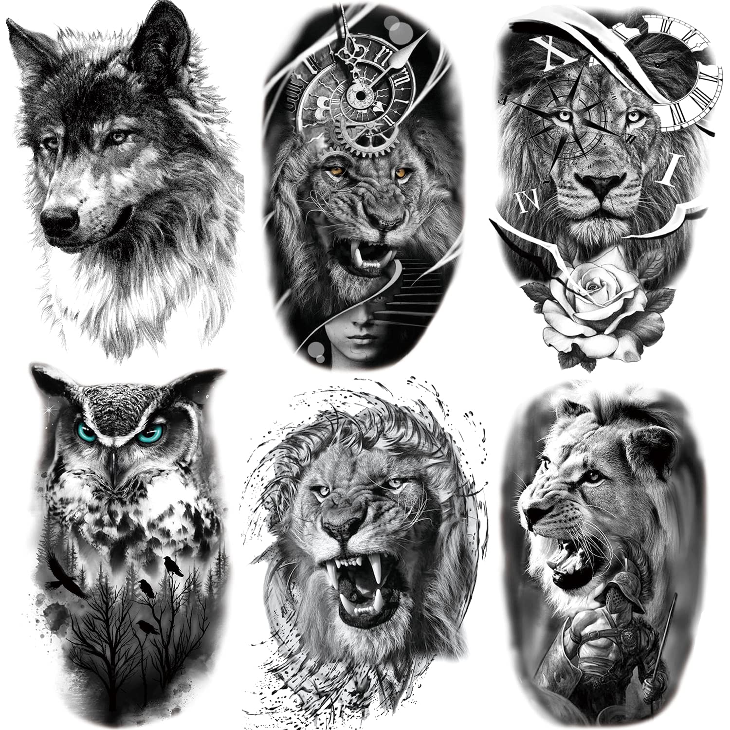 6 Sheets 3D Animal Temporary Tattoos for Women & Men - Waterproof Fake Realistic Wolf Tiger Lion Tattoo Stickers for Kids Teens Adults - DIY Body Art for Parties, Halloween & Cosplay