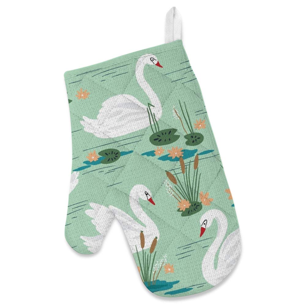 Heat Resistant Oven Mitts & Potholder Set - 3Pcs Polyester Insulated Kitchen Gloves with Non-Slip Grip for Baking, Cooking, BBQ - Beautiful Swans Design - Perfect for Home Kitchen, Grilling & Holiday Baking
