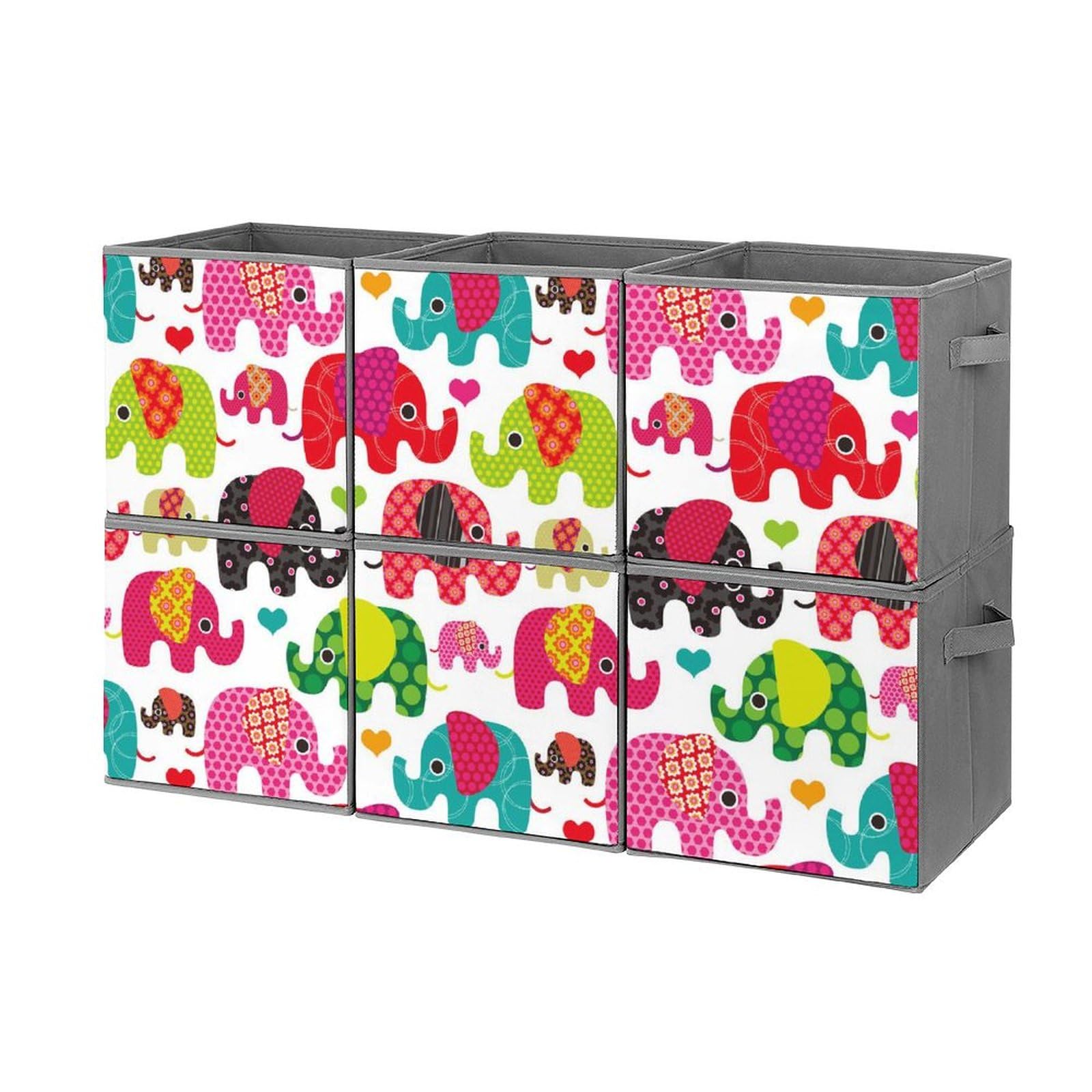 Colorful Elephant Print Foldable Storage Bins 6-Pack - 10.6x10.6x10.6 Inch Collapsible Cube Organizers with Handles for Closet, Shelves, Kids Room & Toy Storage
