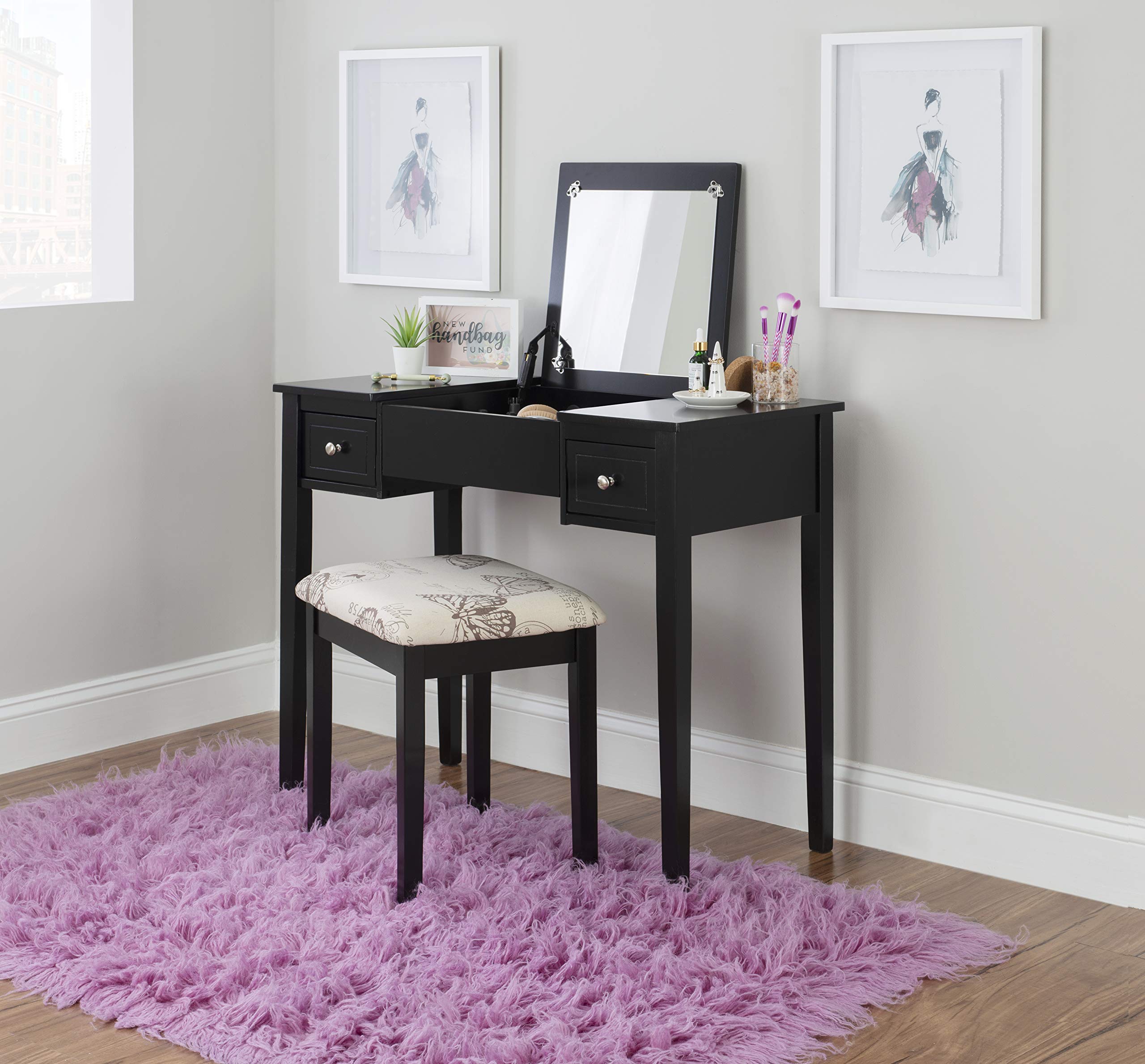 Linon Vanity Set with Mirror & Stool - Elegant Black Makeup Dressing Table Set for Bedroom, Bathroom or Dorm Room | Perfect for Makeup, Hair Styling & Home Decor
