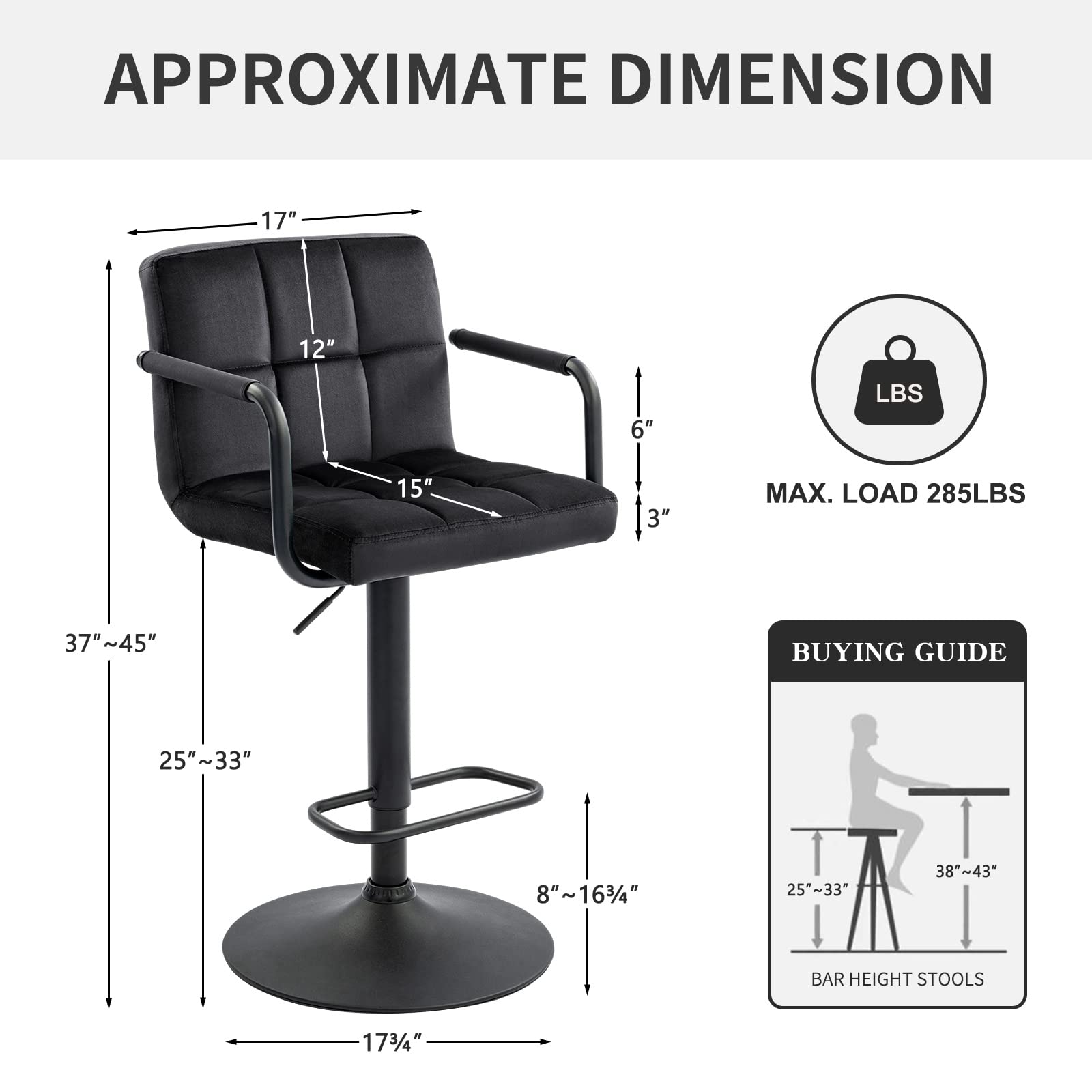 Furnimart Adjustable Swivel Bar Stools Set of 2 - Upholstered Counter Height Stools with Armrest & Footrest, Velvet Black - Perfect for Kitchen Island, Breakfast Bar & Dining Room Decor