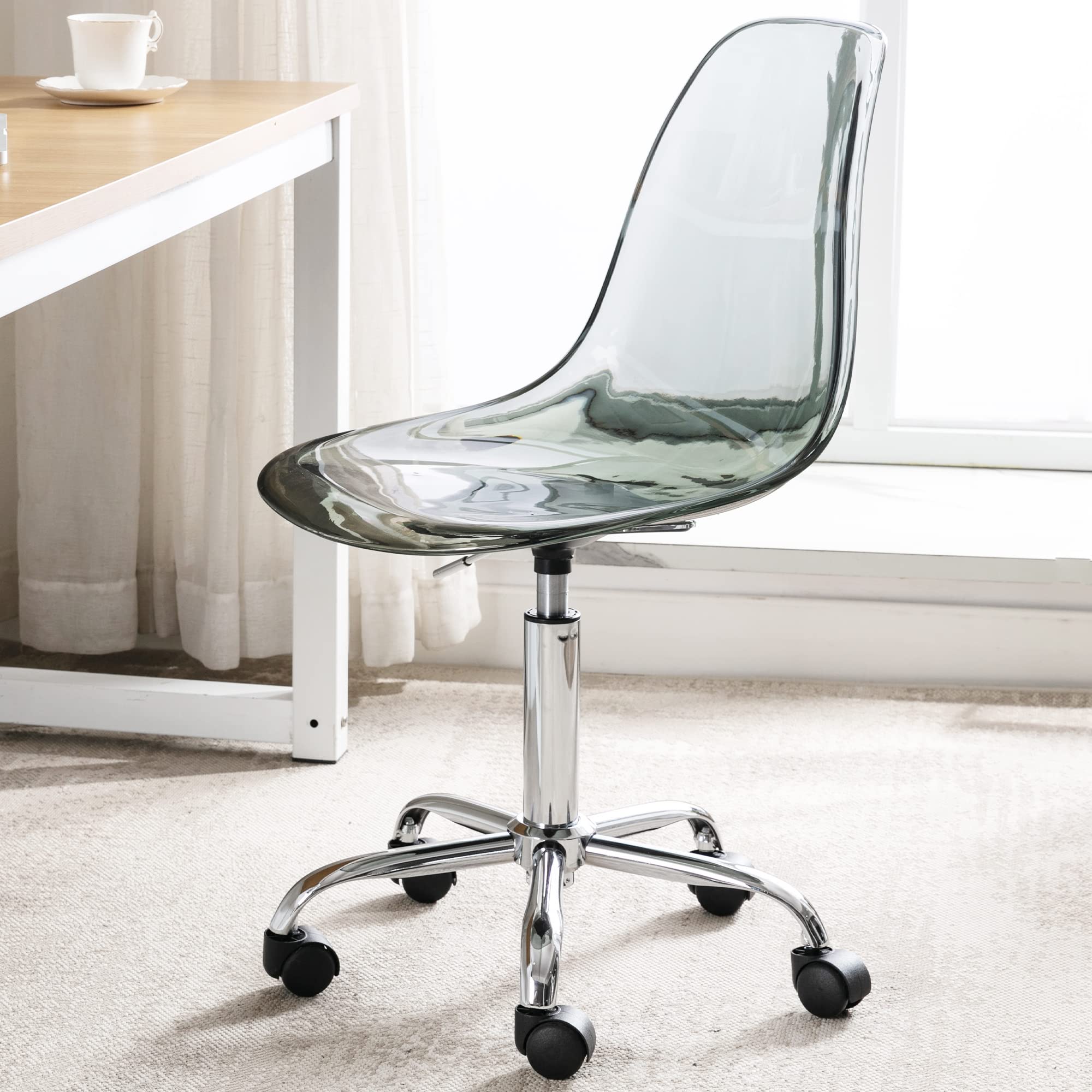 HOMEFUN Clear Acrylic Rolling Desk Chair - Armless Swivel Height Adjustable Ghost Plastic Office Chair with Wheels for Home & Vanity Use, Black - Perfect for Modern Workspaces & Beauty Stations