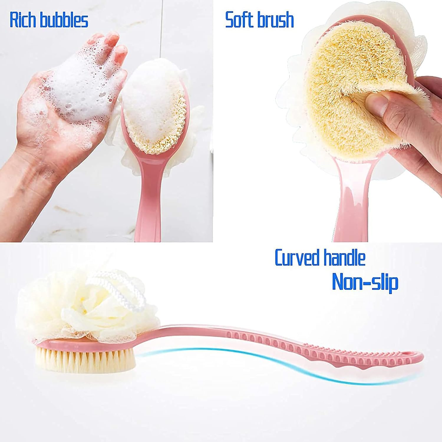 Bamyko 2-Pack Shower Body Brush with Bristles & Loofah - Exfoliating Back Scrubber & Bath Mesh Sponge - Anti-Slip Curved Handle for Wet/Dry Skin Care - Includes 2 Hooks (Perfect for Deep Cleansing & Relaxing Spa Experience)