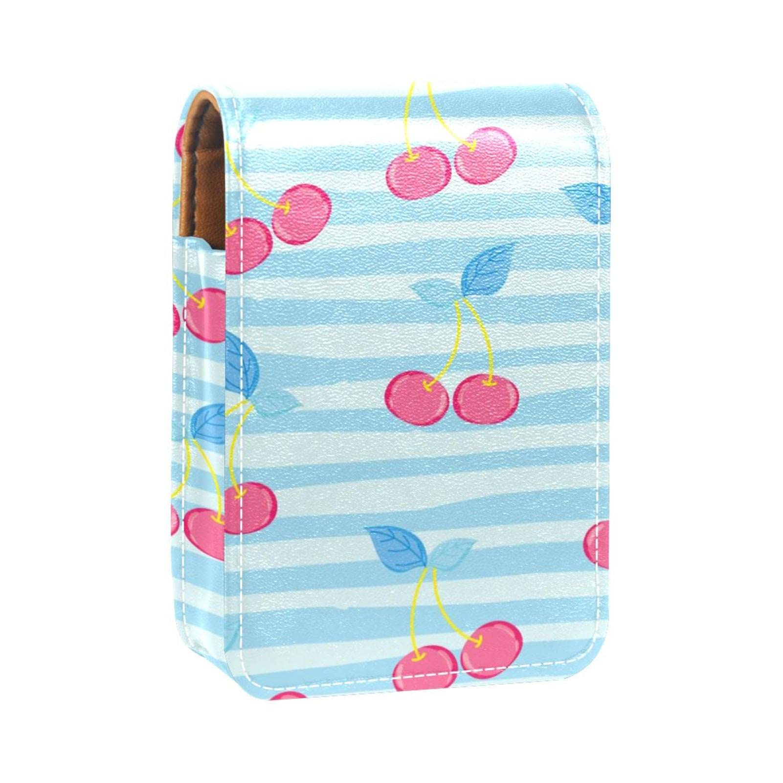 Personalized Lipstick Case - Portable Makeup Bag & Cosmetic Pouch Organizer with Watercolor Red Cherries & Pastel Blue Stripes | Perfect for Travel, Daily Use & Gift Giving