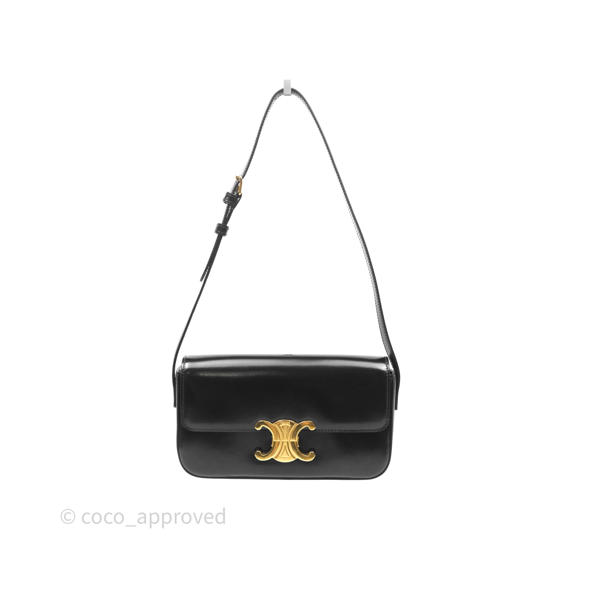 Celine Triomphe Shoulder Bag for Women - Black Shiny Calfskin Leather Crossbody Purse | Perfect for Work, Travel & Evening Events