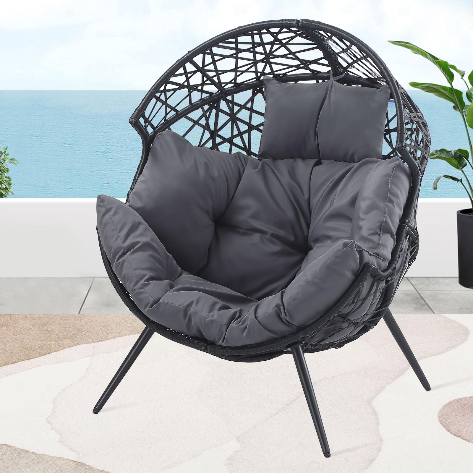Outdoor & Indoor Egg Chair - Wicker Basket Lounger with Cushion & Stand - Dark Gray - Perfect for Living Room, Patio, Backyard, and Garden Relaxation