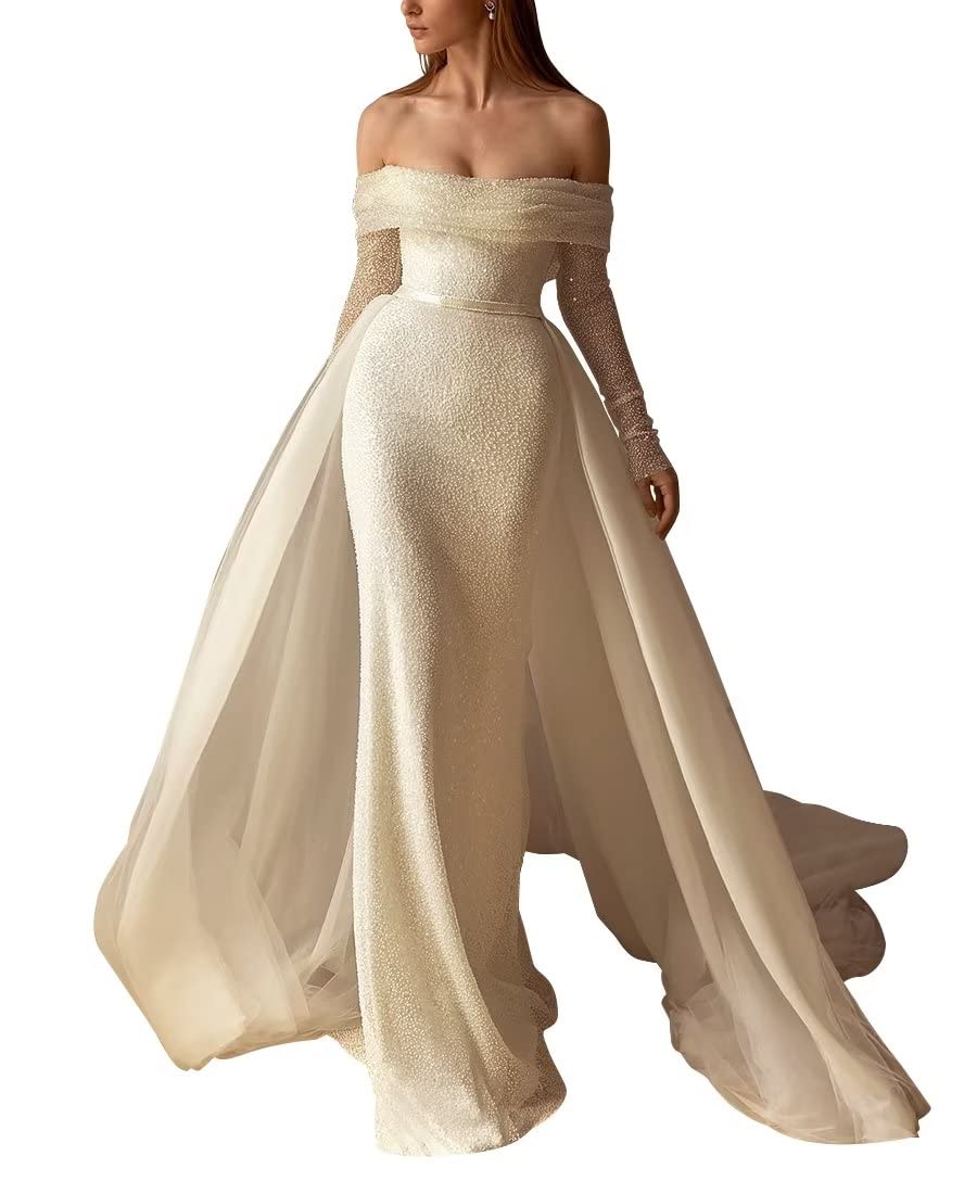 Sparkly Long Sleeve Mermaid Wedding Dress with Detachable Train - Elegant Beach Bridal Gown & Formal Evening Dress for Bride and Wedding Guests | Perfect for Beach Weddings, Vow Renewals, and Special Occasions