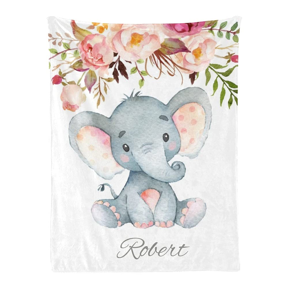 Custom Personalized Elephant Floral Baby Blanket with Name - Super Soft Fleece Nursery Blanket for Boys & Girls (30x40 Inches) - Perfect for Baby Showers, Birthdays & Nursery Decor