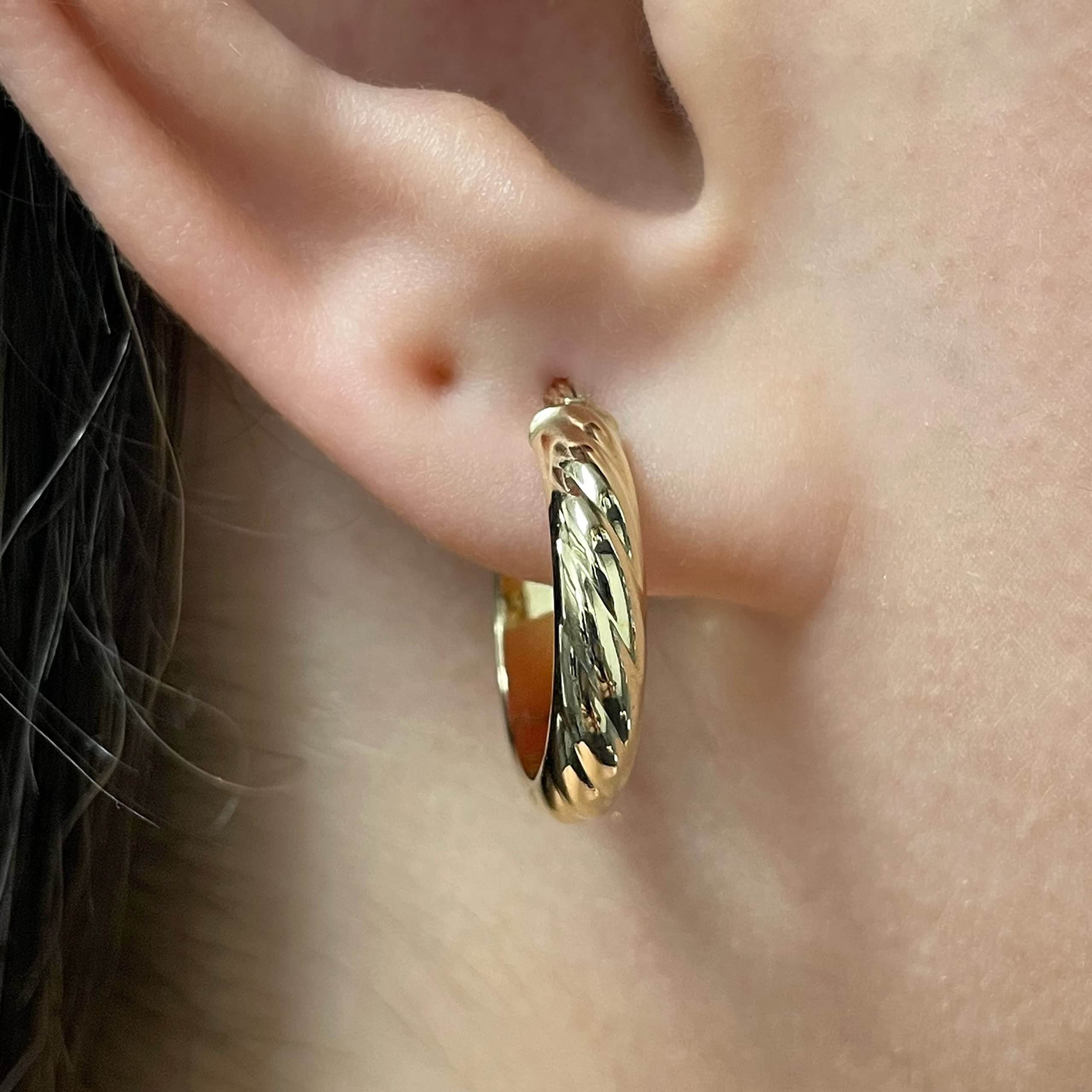 Italian 14k Yellow Gold Rope Design Small Wide Hollow Hoop Earrings for Women - Elegant Dainty Jewelry for Everyday Wear, Date Night & Special Occasions