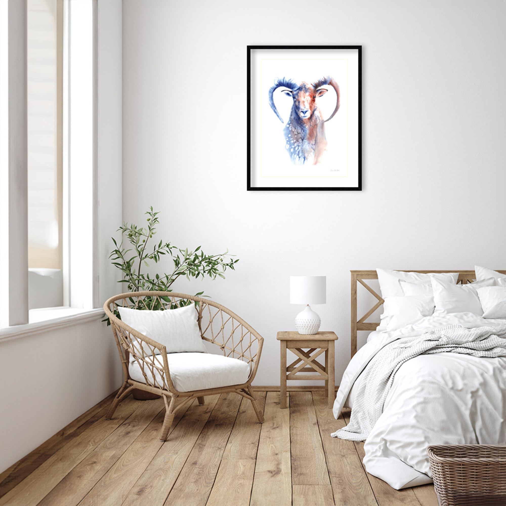 Amanti Art Framed Wall Art Print 33x26 - Copper and Blue Ram by Aimee Del Valle | Modern Animal Wall Decor | Large Contemporary Painting for Living Room, Bedroom, Office | Perfect for Home & Office Decoration