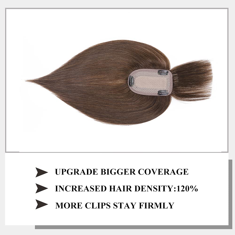MY-LADY 150% Density Human Hair Toppers With Bangs - 18 Inch Medium Brown Silk Base Clip-in Hairpiece for Women with Thinning Hair & Hair Loss - Perfect for Daily Wear, Special Occasions & Styling