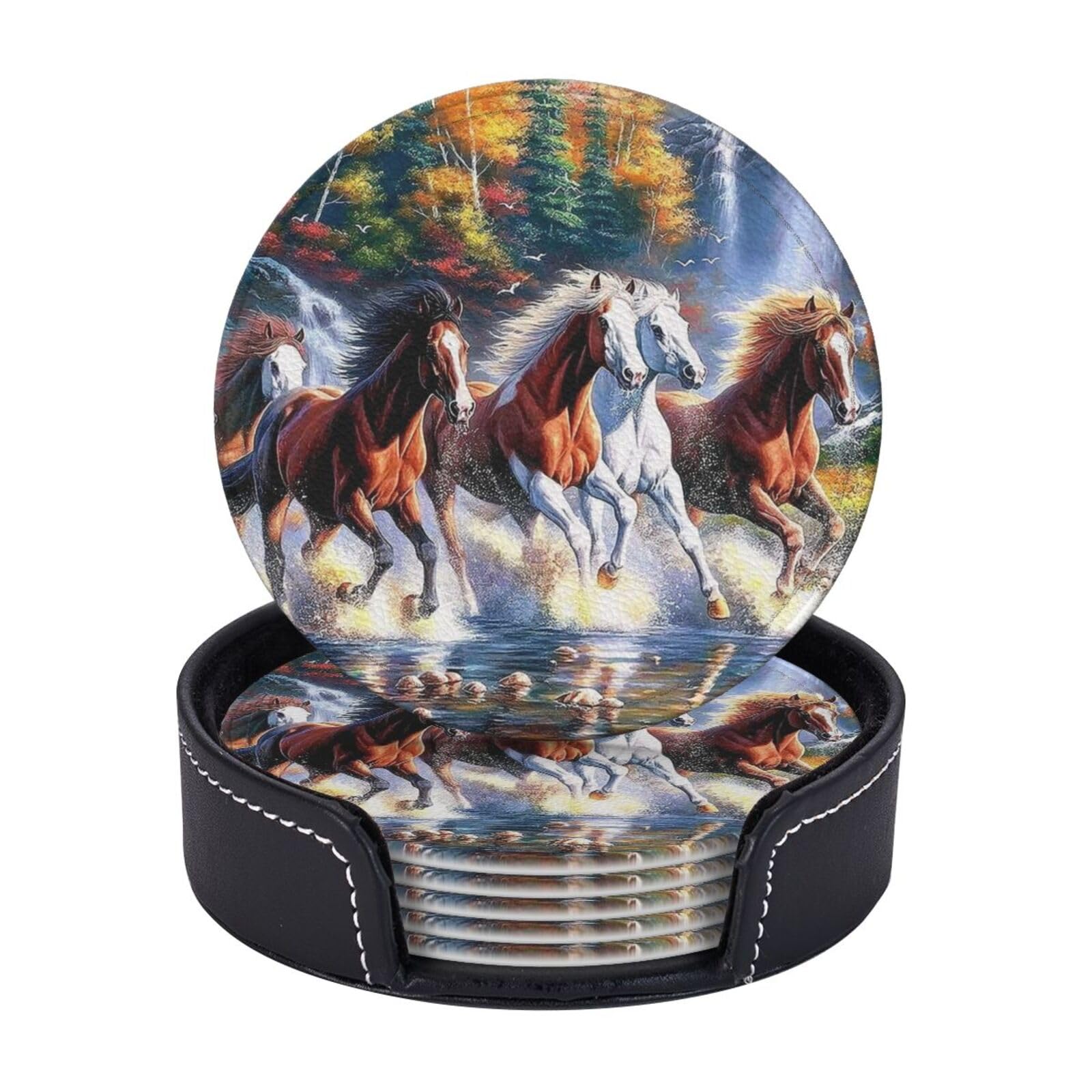 Native American Indian Horse Design Coasters with Holder - Set of 6 Non-Slip Drink Coasters for Coffee Cups, Mugs, and Glasses - Perfect for Home, Office, and Restaurant Use