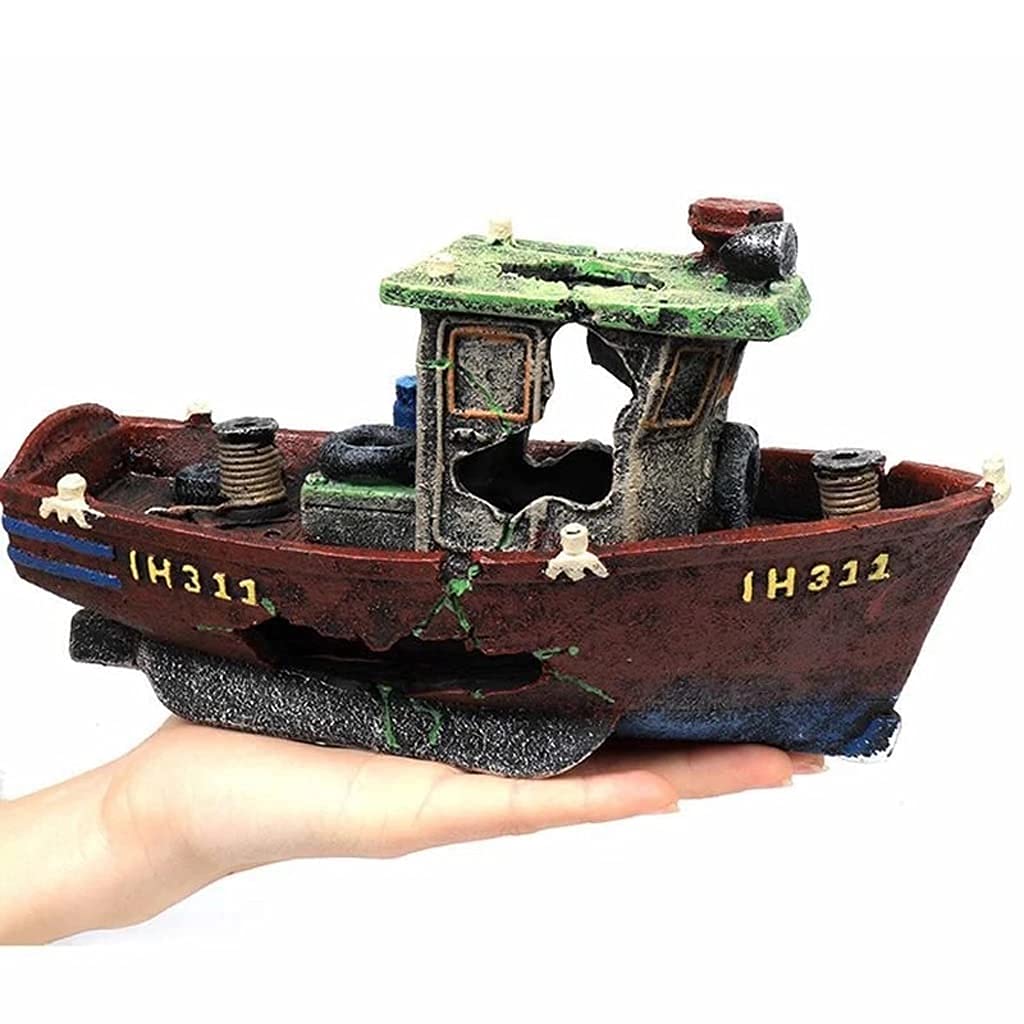 Realistic Fishing Boat Shipwreck Aquarium Decor - Fish Tank Hiding Shelter & Underwater Landscape Ornament for Tropical Fish | Perfect for Saltwater & Freshwater Tanks, Home & Office Aquarium Decoration