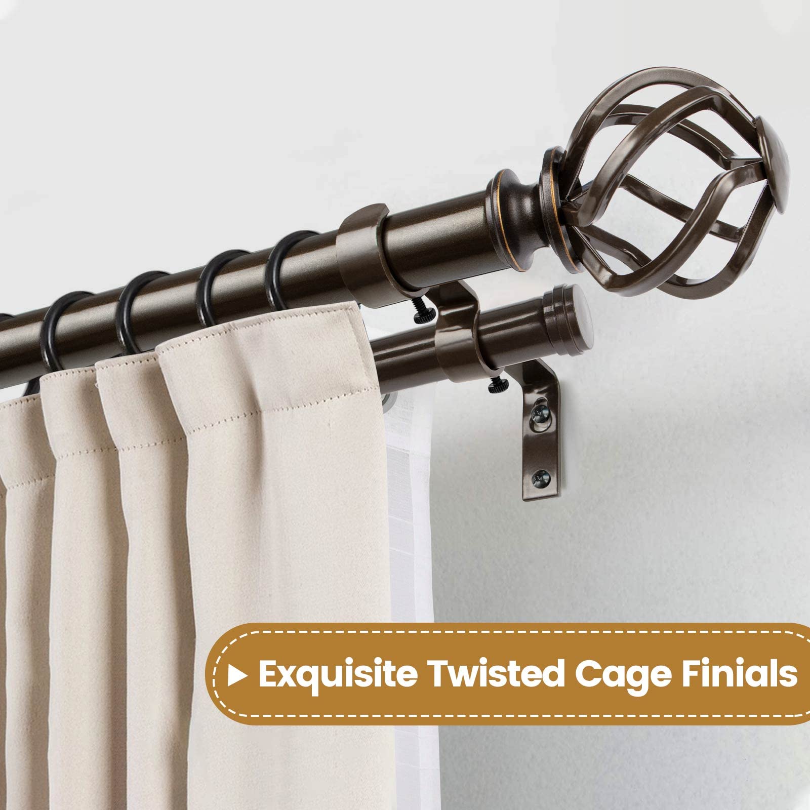 KAMANINA 1 Inch Double Curtain Rods 36-72 Inches Adjustable Telescoping Drapery Rod, Heavy Duty Antique Bronze Window Curtain Rod for 24-68 Inch Windows with Twisted Cage Finials - Perfect for Living Room, Bedroom & Home Decor