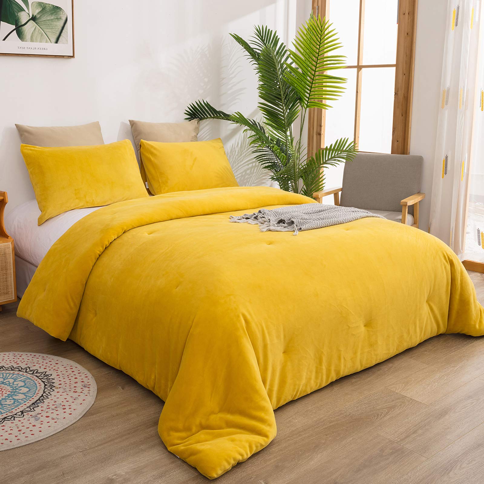 Mustard Yellow Velvet Comforter Set Queen - Plush Flannel & Sherpa Lined Winter Bedding - Heavyweight Micromink Warm Comforter for Women, Men, Adults & Teens - Perfect for Cozy Bedrooms & Cold Weather Nights