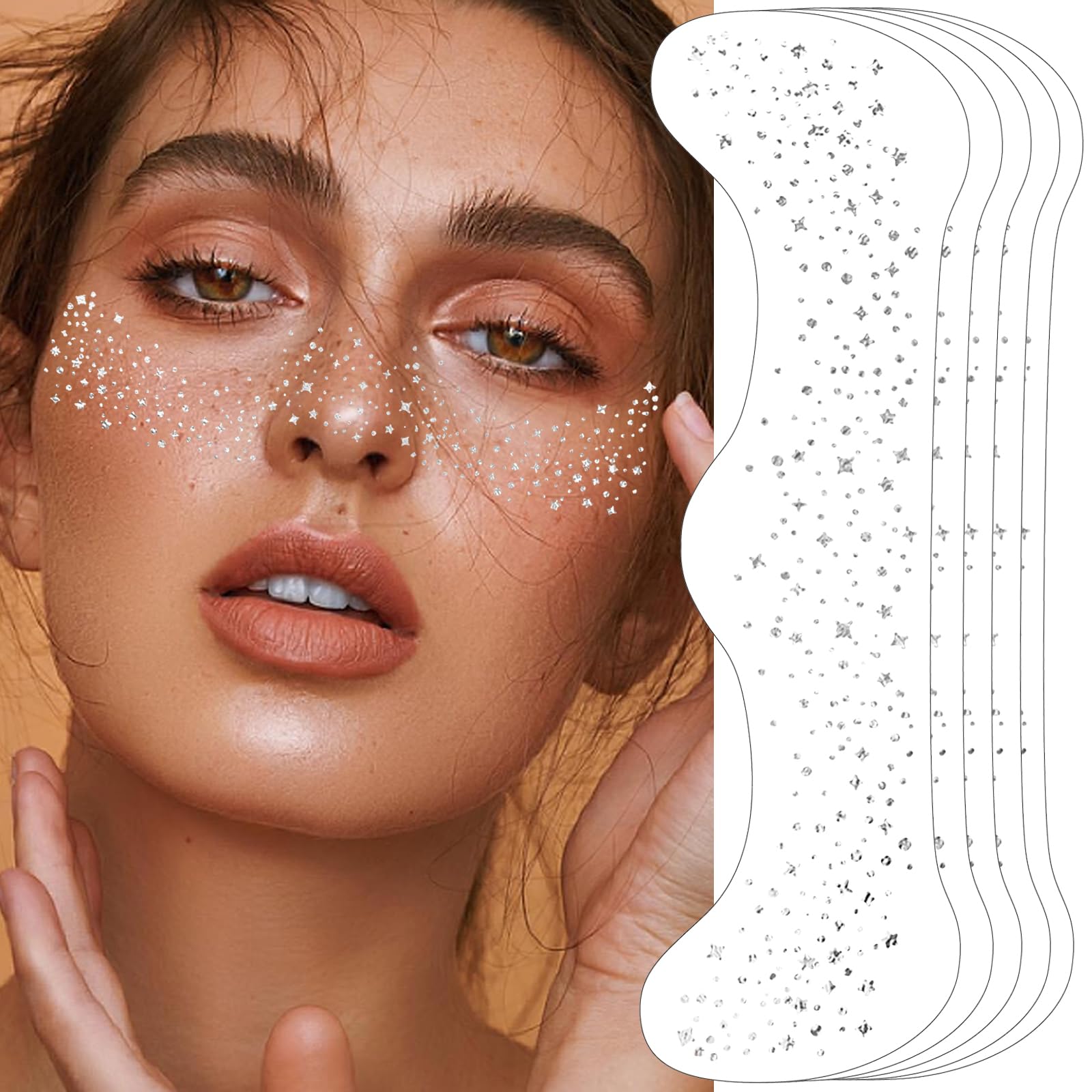 Glitter Freckles Face Tattoo - 6 PCS Silver Face Glitter Makeup Patches for Festival, Rave & Halloween | Glow Up Makeup Speckles for Cheek, Nose & Body | Waterproof Self-Adhesive Cosmetic Stickers