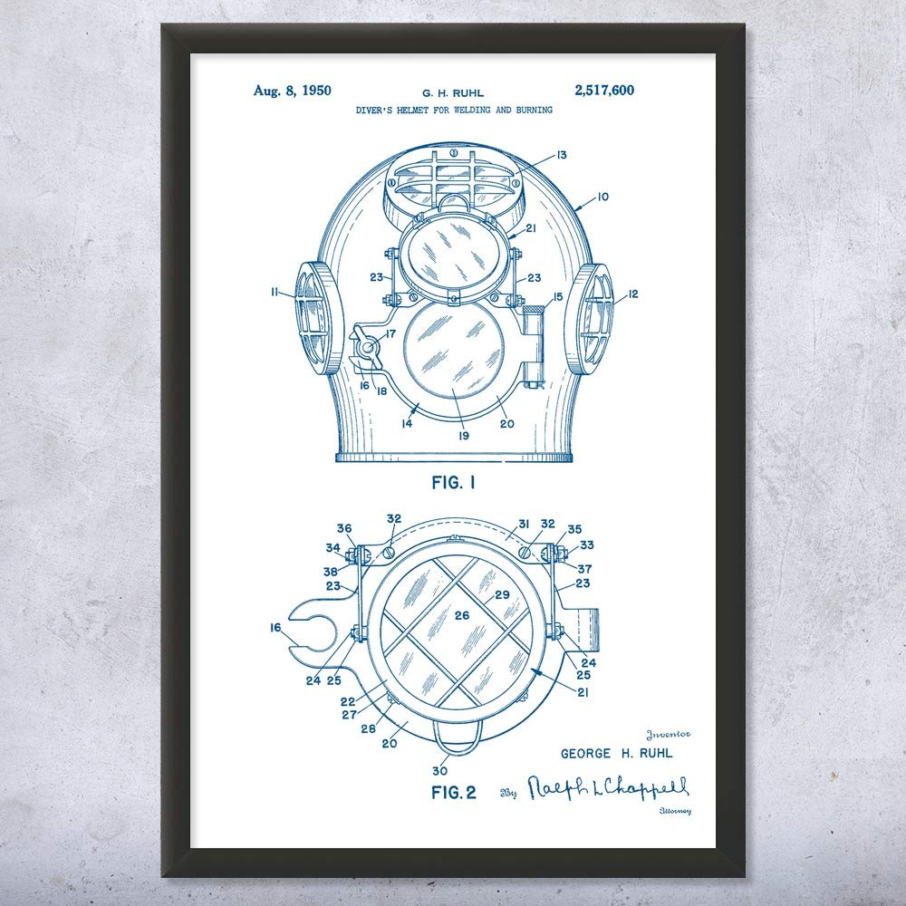Framed Underwater Welders Helmet Print - Unique Welding & Scuba Diving Gift, Blue & White Dive Instructor Decor (8x10) - Perfect for Office, Man Cave, or Diving Enthusiast's Home