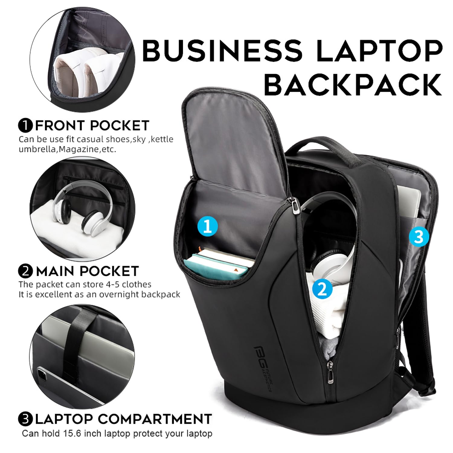 FUTURE AESTHETICS Waterproof Business Smart Backpack for Men & Women - Durable Anti-Theft Laptop Backpack with USB Charging Port - Perfect for Office, Travel & Overnight Trips (Black)