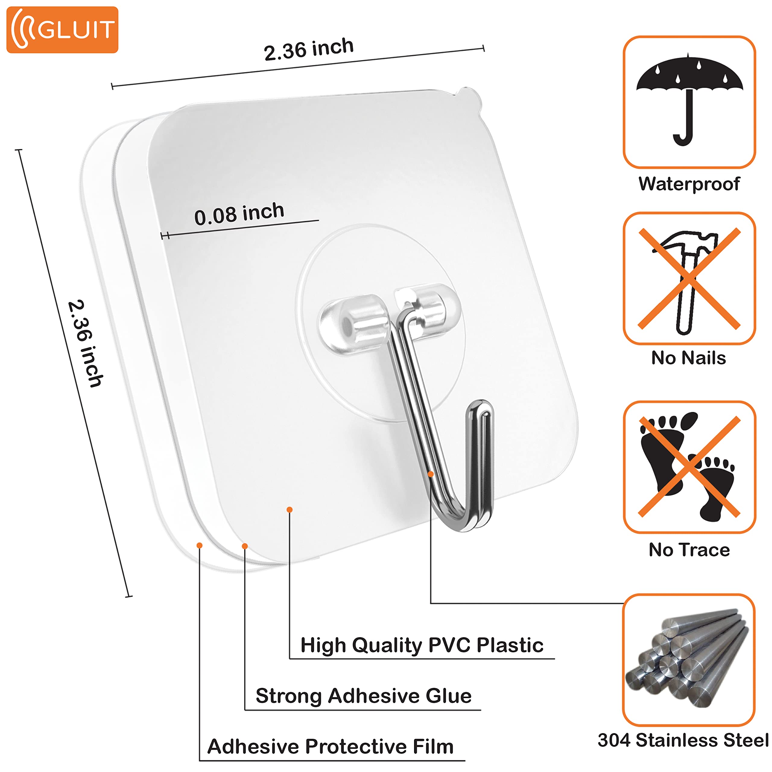 GLUIT Heavy Duty Adhesive Hooks - Medium 12 Pack & Large 6 Pack - 22 lbs Weight Capacity - Waterproof Transparent Wall Hooks for Keys, Towels, Bathroom, Shower, Kitchen & Outdoor Use - Perfect for Home Organization and Space Saving