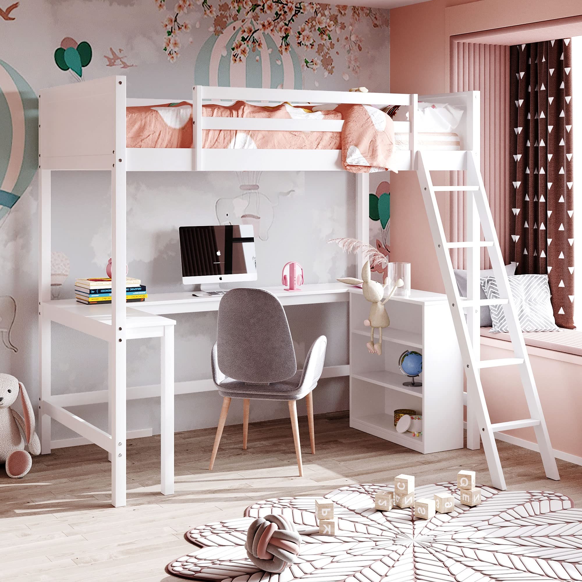 Harper & Bright Designs Twin Size Wooden Loft Bed with Desk, Shelves & Storage - Space-Saving Study & Sleep Solution for Kids, Teens & Adults (White) | Perfect for Small Bedrooms, Dorms & Home Offices