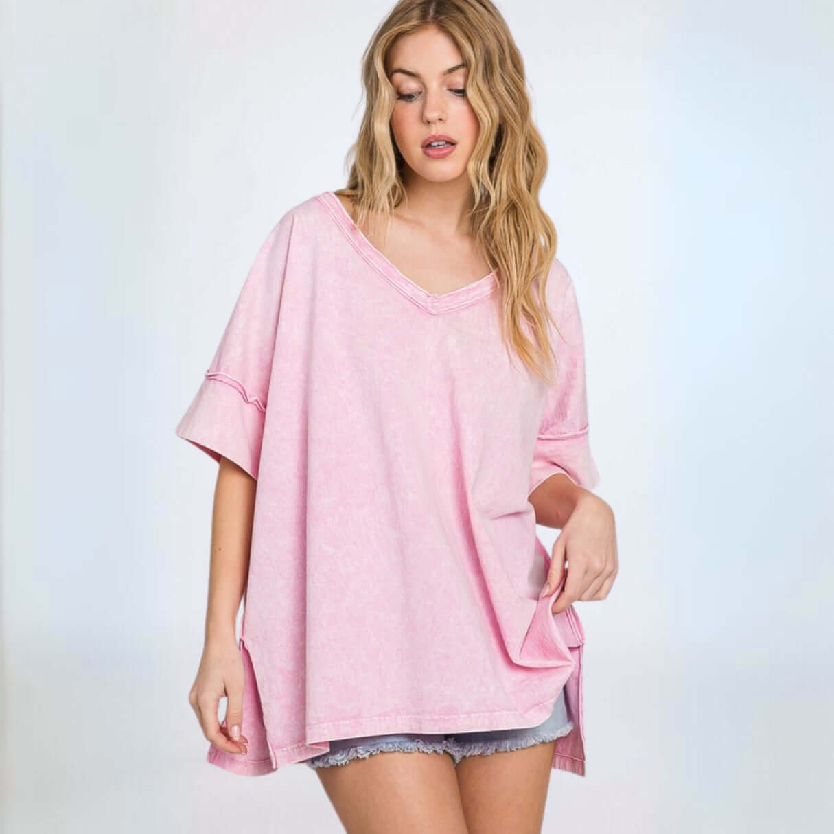 Soft Pink Cotton V-Neck T-Shirt for Women | Mineral Washed Comfort | Made in USA | Casual Wear & Layering Essential