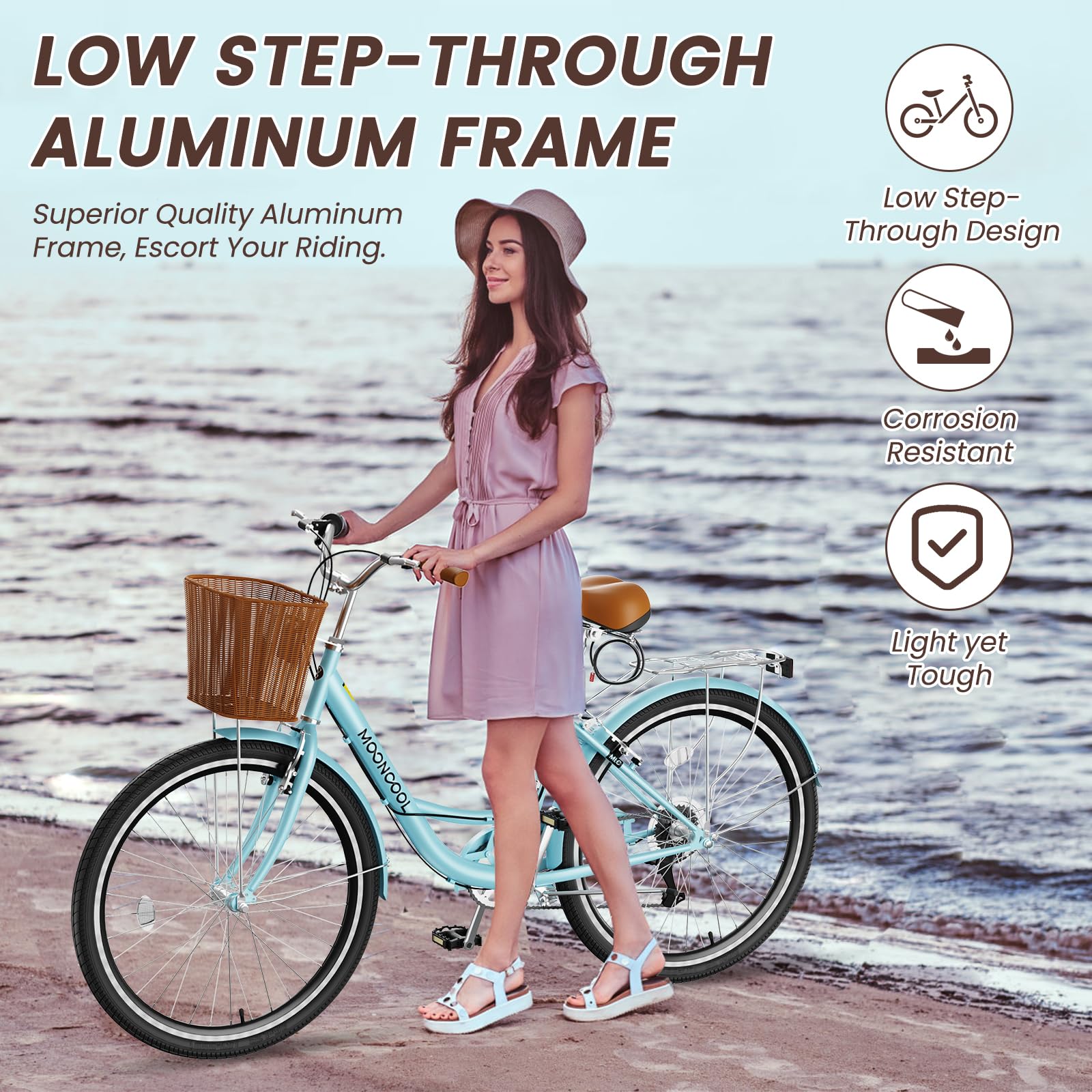 DoCred Women's 7-Speed Cruiser Bike - 24 & 26 Inch Step-Through City Bicycle with Rattan Basket & Rear Rack - Comfortable Commuter & Beach Cruiser for Ladies - Perfect for Urban Riding, Weekend Errands & Coastal Adventures