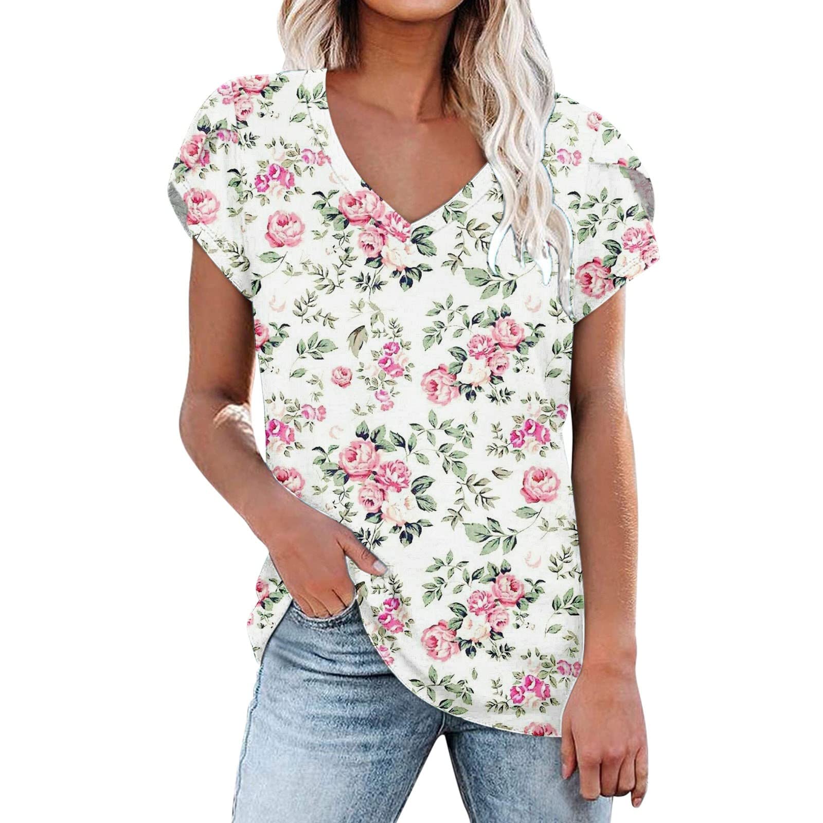 Women's Floral Print V-Neck T-Shirt - Summer Short Sleeve Blouse, Plus Size Casual Top for Everyday Wear, Outings & Beach Days
