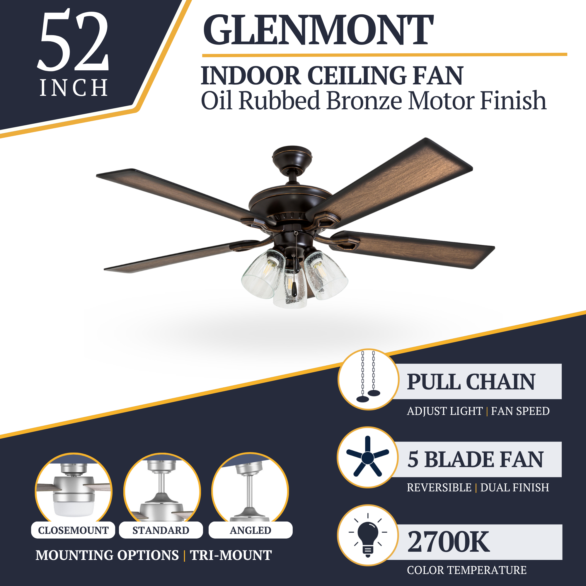 52 Inch Glenmont Oil Rubbed Bronze Ceiling Fan with Pull Chain - Perfect for Living Room, Bedroom, and Outdoor Patio Cooling