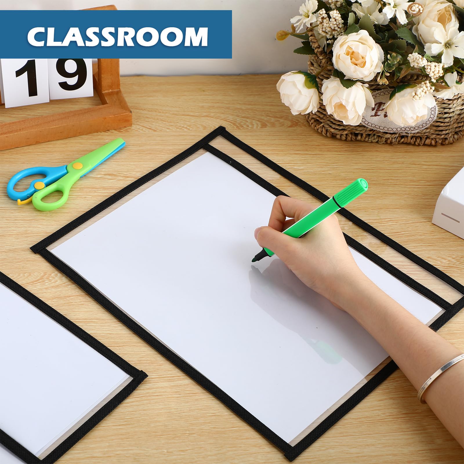 Ireer 30 Pcs Dry Erase Document Holder - Horizontal Job Ticket Holder 8.5x11 Inch, Reusable Clear Plastic Paper Sleeve for Office, Business, Classroom & Home Organization (Black) - Perfect for Whiteboard Notes, Task Tracking & Document Protection