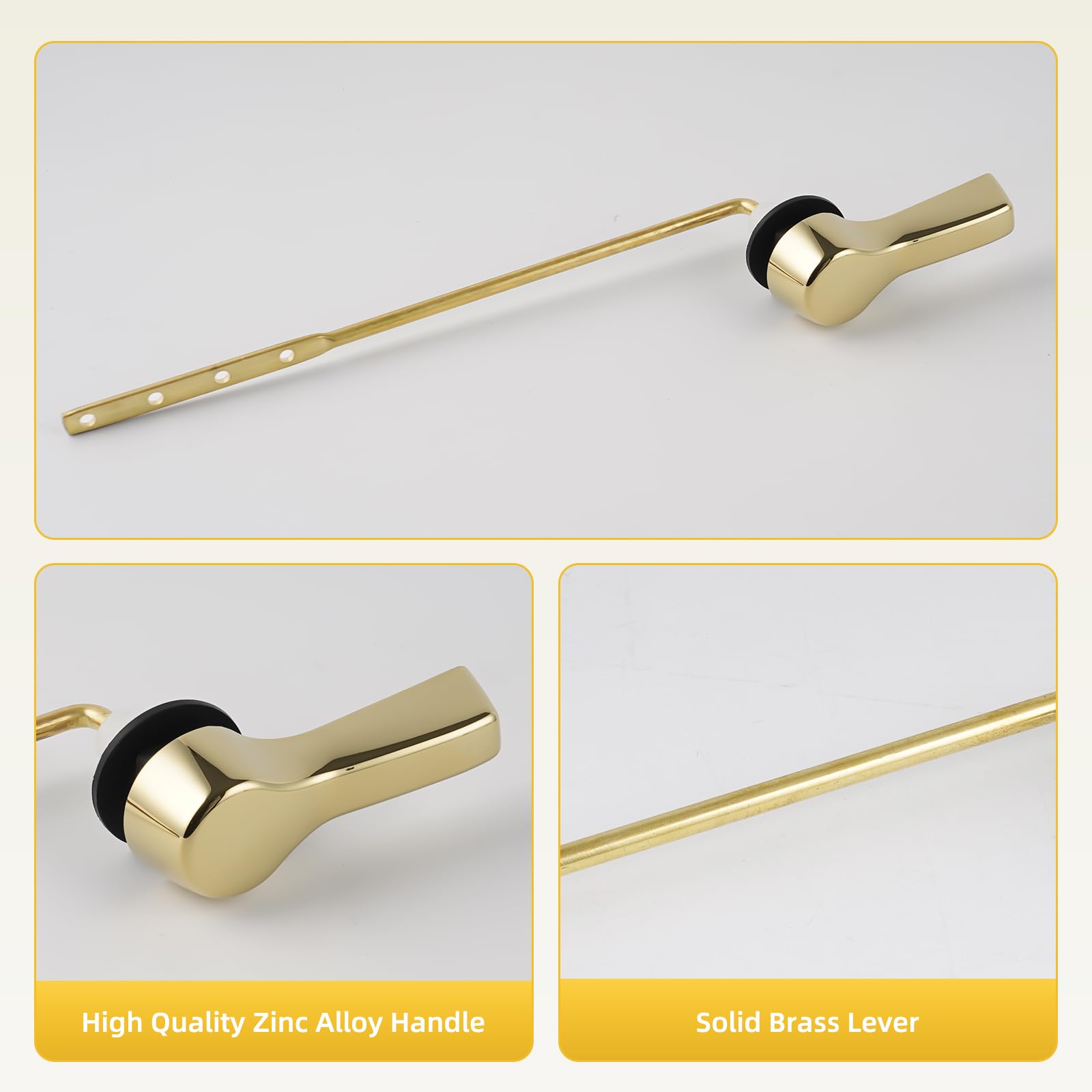 iFealClear Universal Toilet Tank Flush Lever - Polished Gold Front Mount Replacement with 2 Stainless Steel Flapper Chains - Easy Installation Solid Brass - Perfect for Bathroom Renovation & Home Improvement Projects