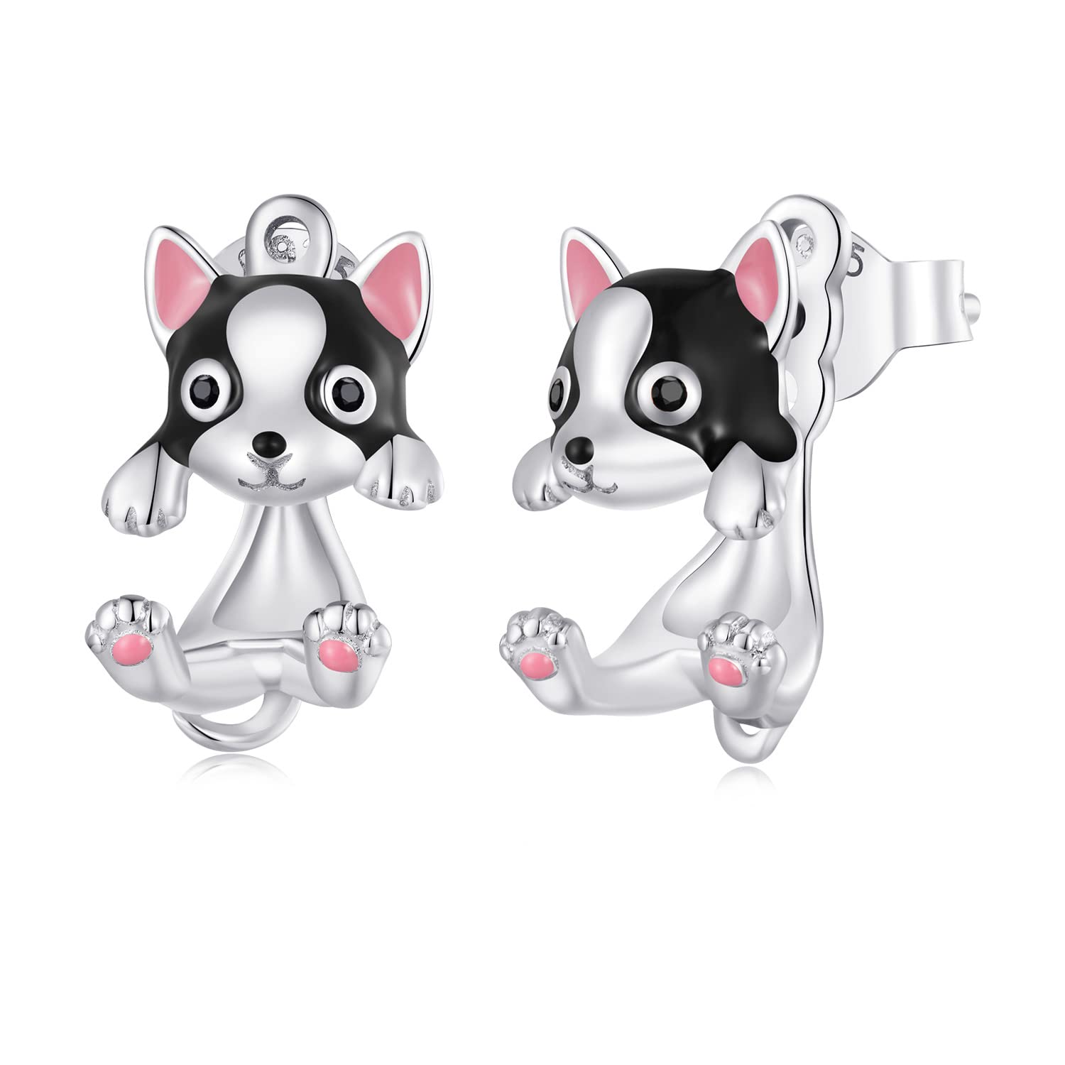 WOSTU 925 Sterling Silver Boston Terrier Dog Stud Earrings - Hypoallergenic Cute Puppy Drop Dangle Earrings for Women | Pet Lover Gift Idea | Perfect for Casual Wear, Animal-Themed Parties & Dog Lover Gifts